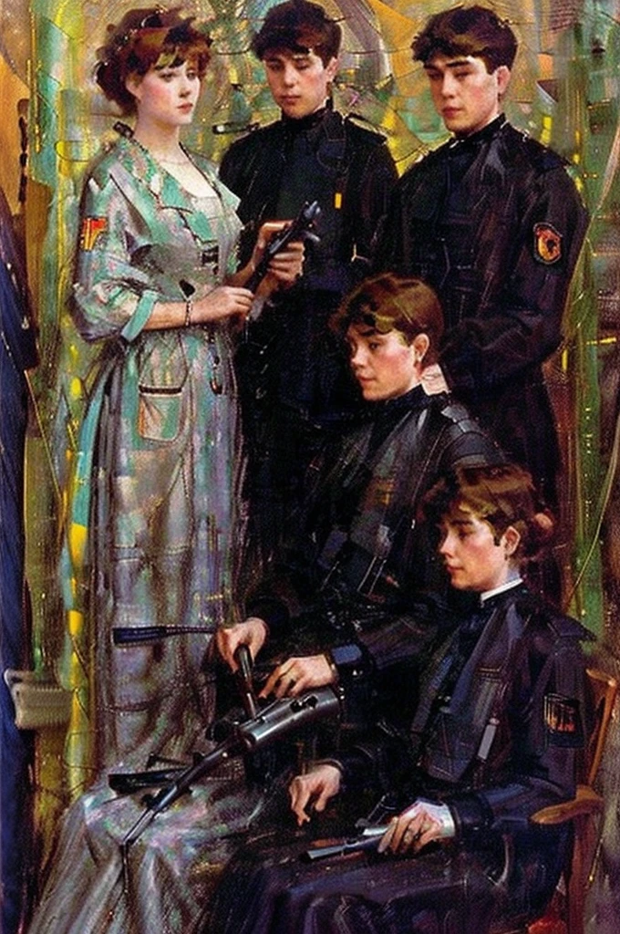 One Woman and Two Men. sit on the step、A woman having her hair cut with clippers by a man in front of a crowd of onlookers . she is wearing a dress with tears in her eyes. Another man holding a machine gun, Klimt.