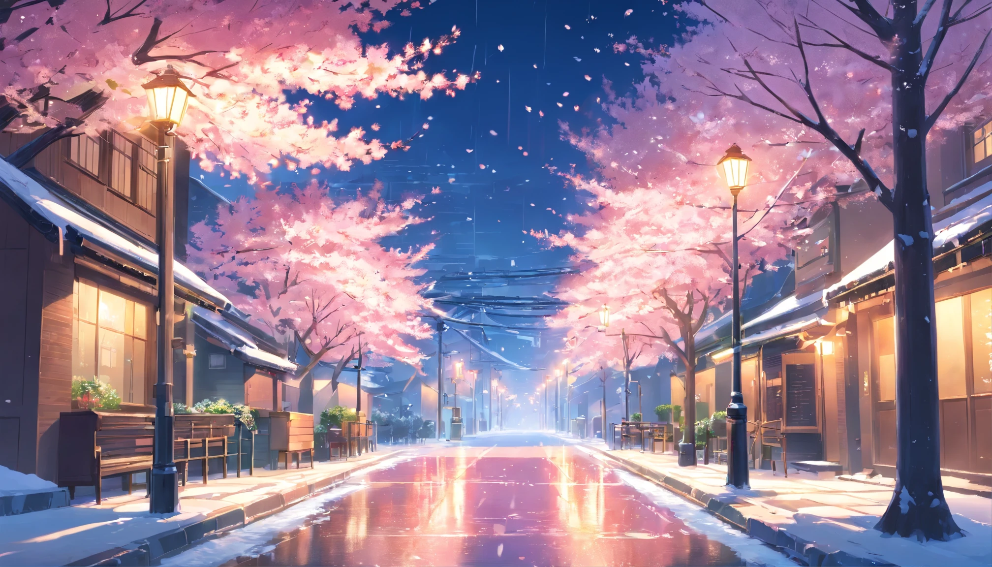 A vibrant street covered in snow，a beautiful cherry blossom tree，falling snow, lit lamp post, no people