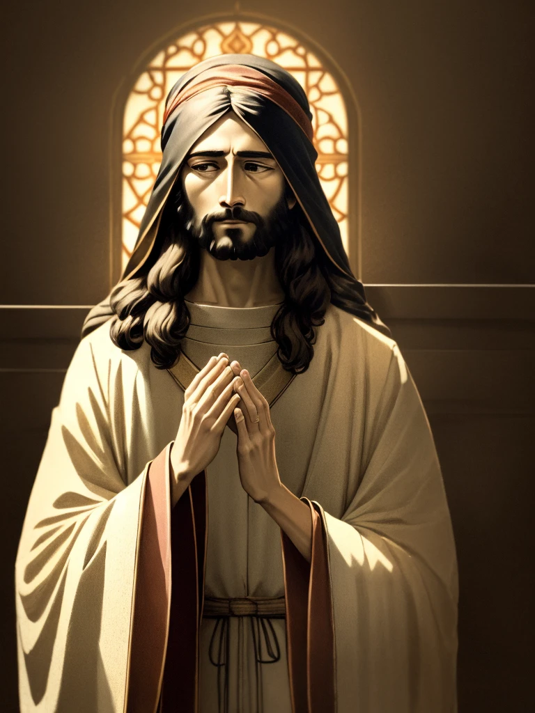 "Por favor, create a high definition image of Jesus in a serene prayer scene, with soft lighting and soothing background. Make sure you capture calm facial expressions and realistic details. Feel free to add elements that convey serenity and spirituality. Image quality is crucial, preferably in 4K resolution or higher."