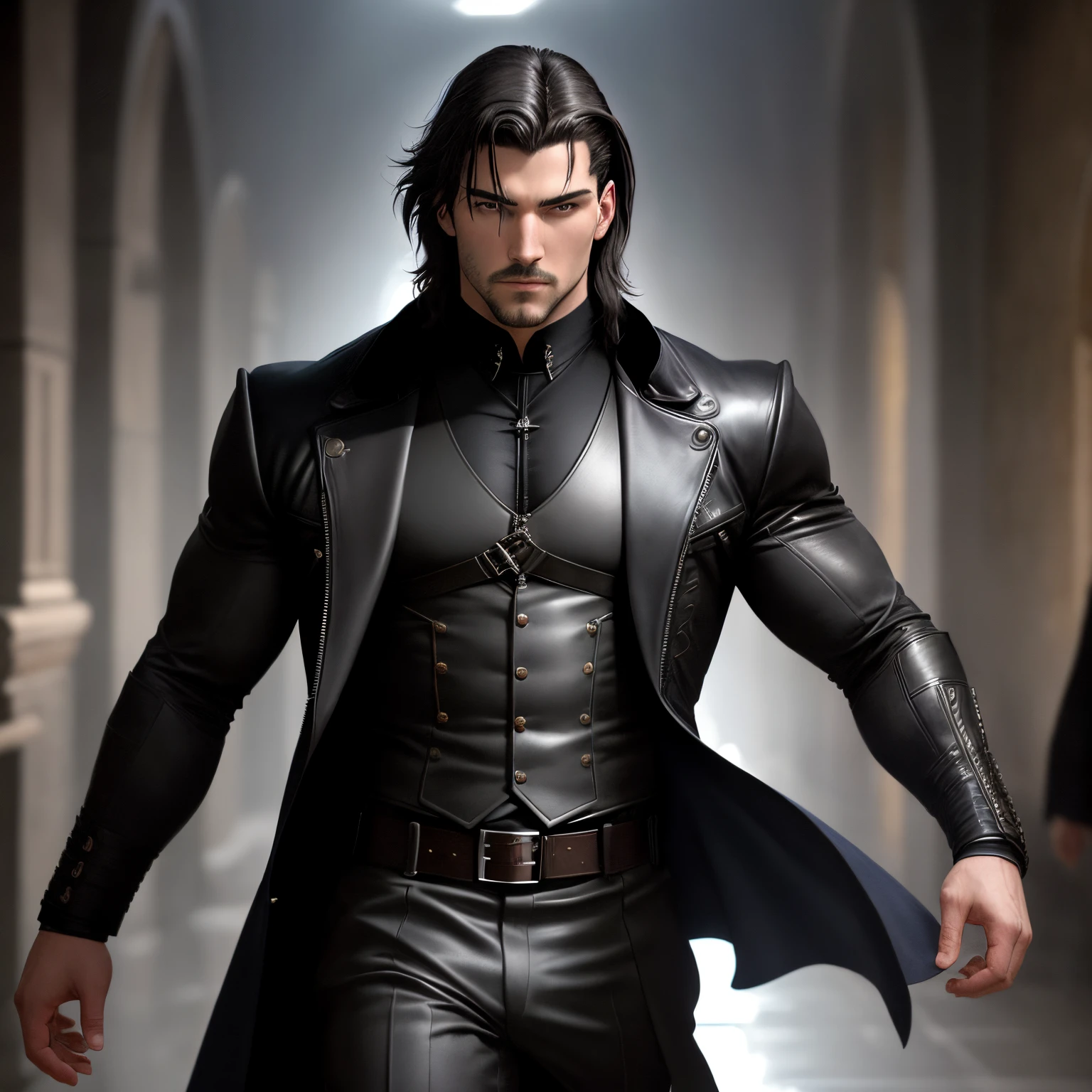 Personnage masculin brun musclé réaliste, habillé d'une longue veste noir, dans univers du film Matrix