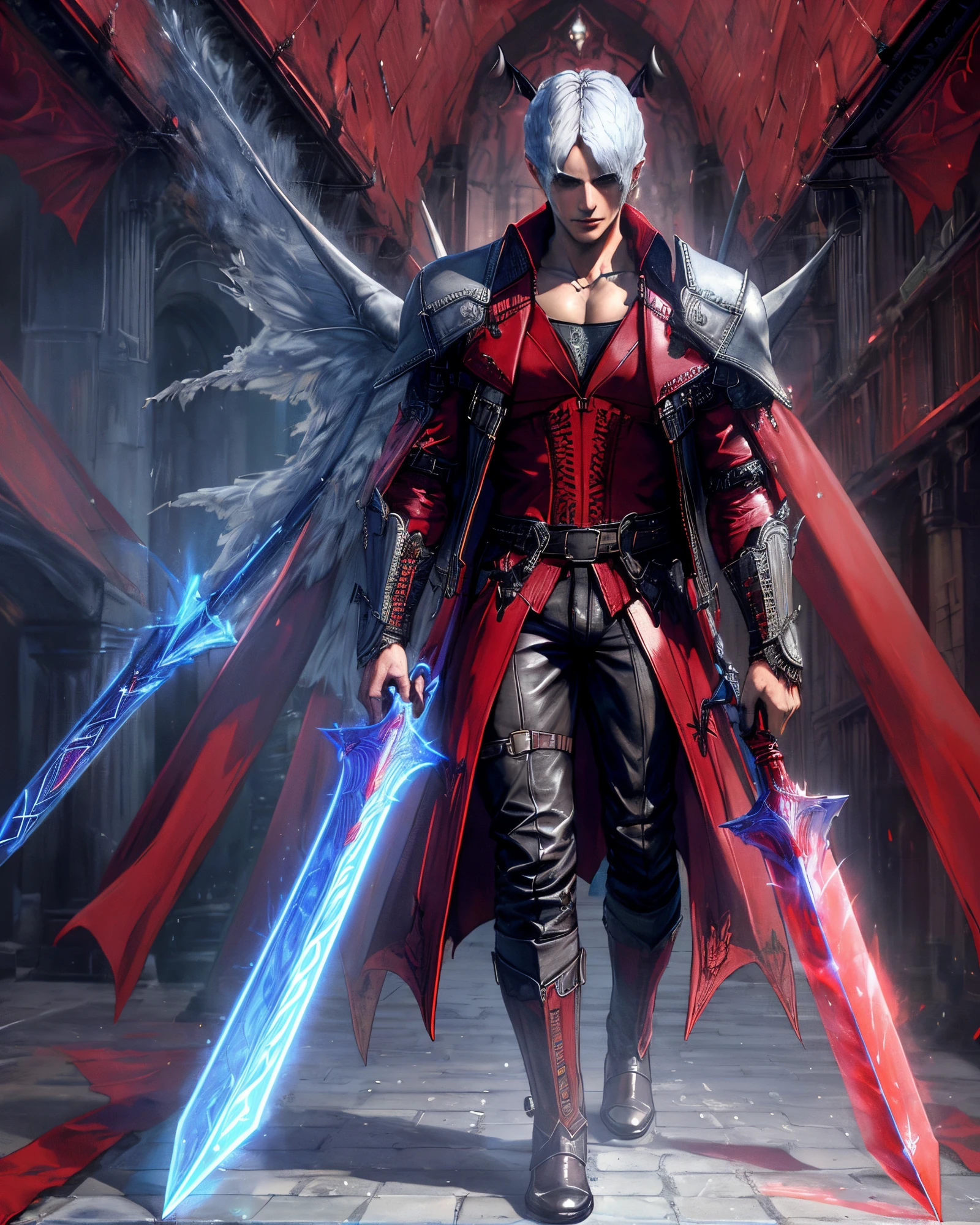 ((master part))),(((Rosto detalhado))),(((detailed hands))),(((corpo detalhado))),(((insanamente detalhado))),(((Inspirado em Dante Devil May Cry))),(high resolution), (alta qualidade), a male character standing, magro mas musculoso, empunhando uma grande espada, com cabelos prateados, olhos azuis, vestido com um sobretudo vermelho.