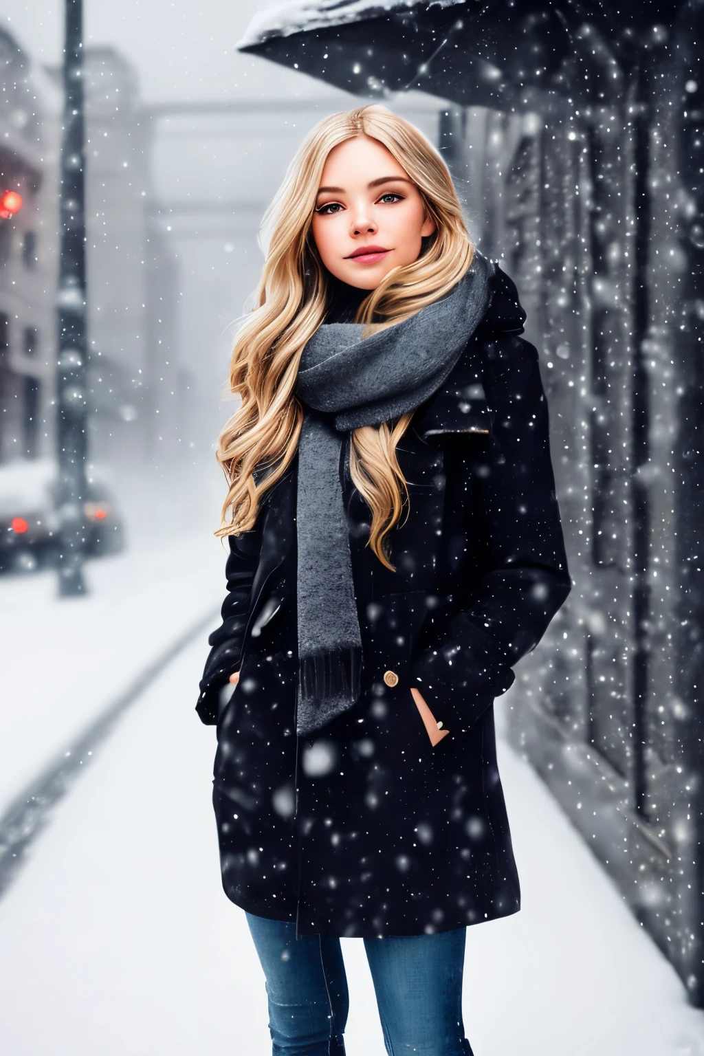 professional portrait photograph of a gorgeous Norwegian girl in winter clothing with long wavy blonde hair, ((sultry flirty look)), freckles, beautiful symmetrical face, cute natural makeup, wearing elegant winter fashion clothing, ((standing outside in snowy city street)), stunning modern urban upscale environment, ultra realistic, concept art, elegant, highly detailed, intricate, sharp focus, depth of field, f/1.8, 85mm, medium shot, mid shot, (centered image composition), (professionally color graded), ((bright soft diffused light)), volumetric fog, trending on instagram, trending on tumblr, hdr 4k, 8k