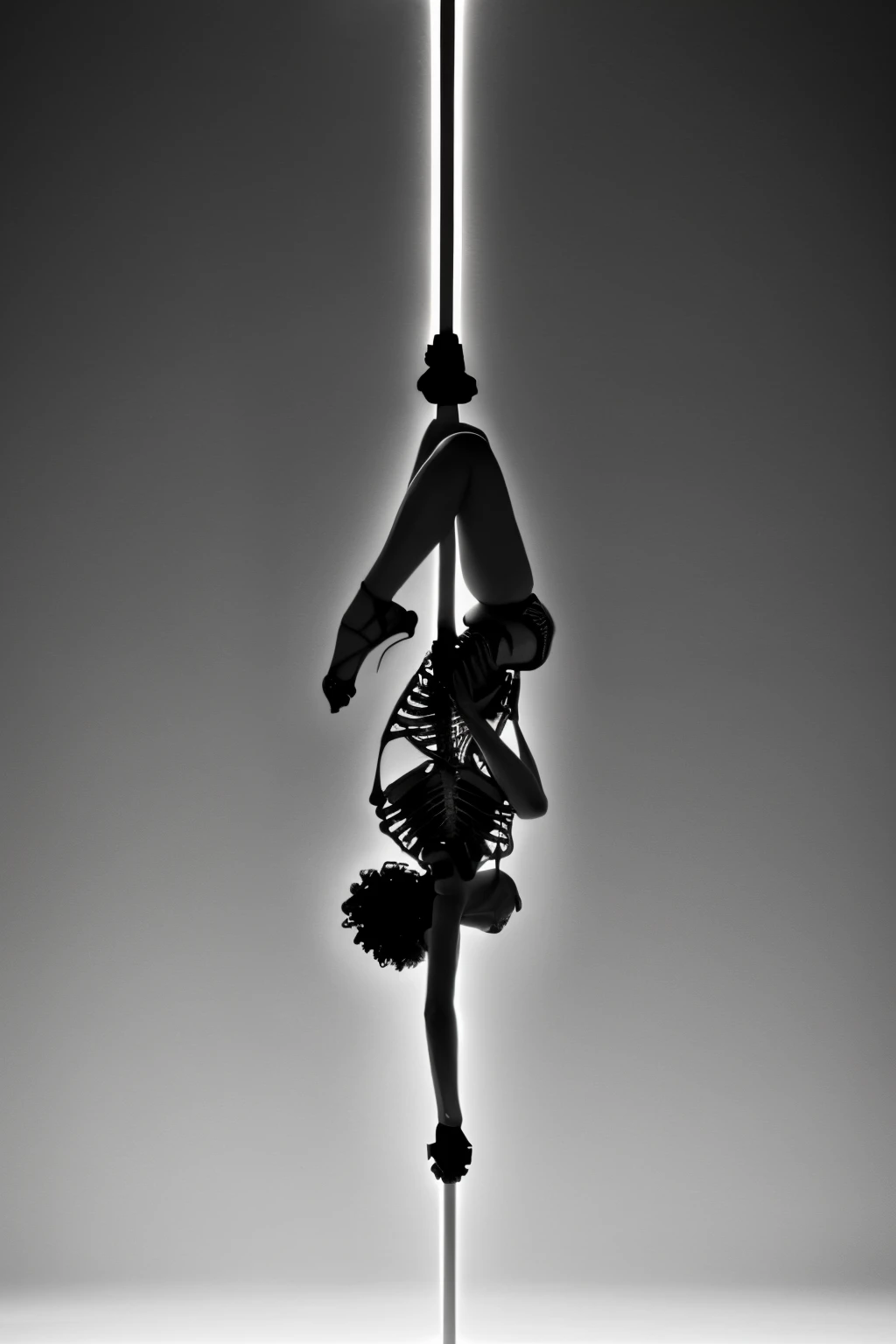 /imagine prompt: Explore the hidden beauty within ordinary objects and structures using X-ray technology to unveil unseen details. Emphasize clean lines, symmetry, and minimalist aesthetics in composition. Employ dramatic lighting techniques to enhance texture and emphasize shapes, utilizing grayscale tones to create contrast and a high tonal range. Showcase intricate details and textures by emphasizing the contrast between different materials. Experiment with unusual angles and perspectives to create thought-provoking compositions. Integrate photography of a unisex aerial dancer wearing a long coat, suspended from the ceiling, using X-ray technology to reveal the underlying skeleton and bones of the performer. Convey a sense of mystery, curiosity, and intrigue by revealing secrets beneath the surface through X-ray imaging, embodying an overall style that invites viewers to appreciate the hidden beauty within ordinary objects and the elegance of the aerial dance. Depicting the image as an x-ray scan--ar 16:9 --v 5