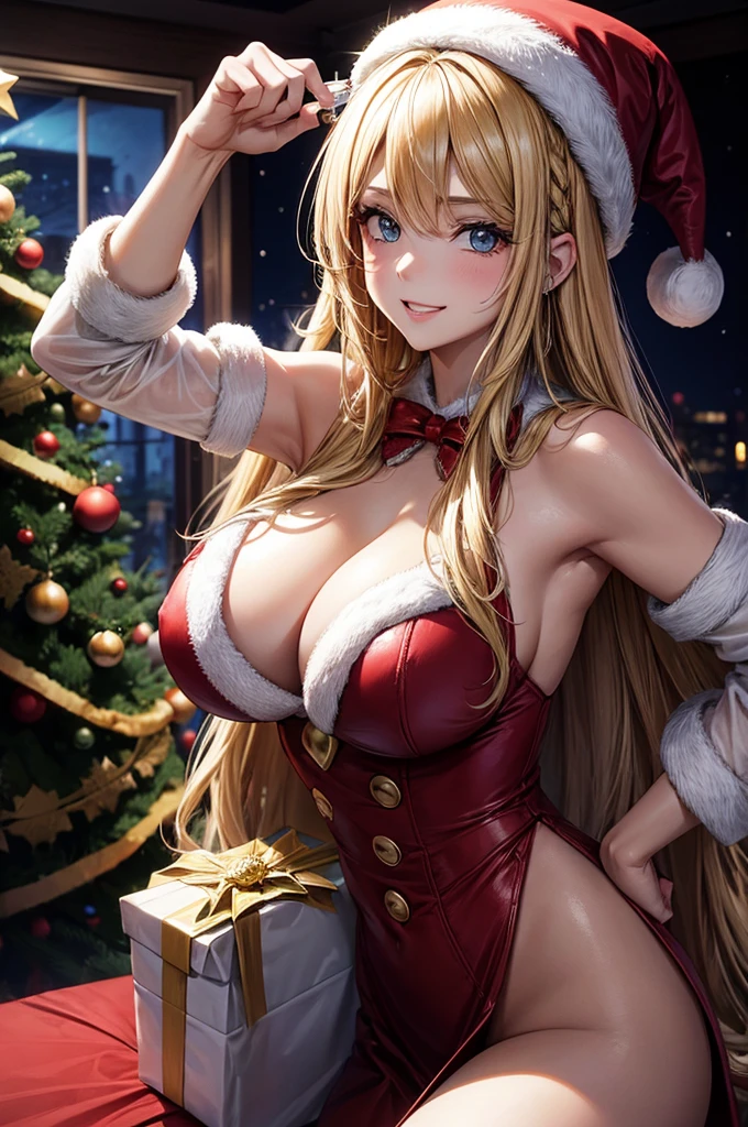 Una mujer hiperrealista de enormes tetas rubia de pelo largo, dressed as Santa Claus, drink champagne, cuerpo perfecto cara perfecta, sonriente, in a room with a Christmas tree, Disco duro