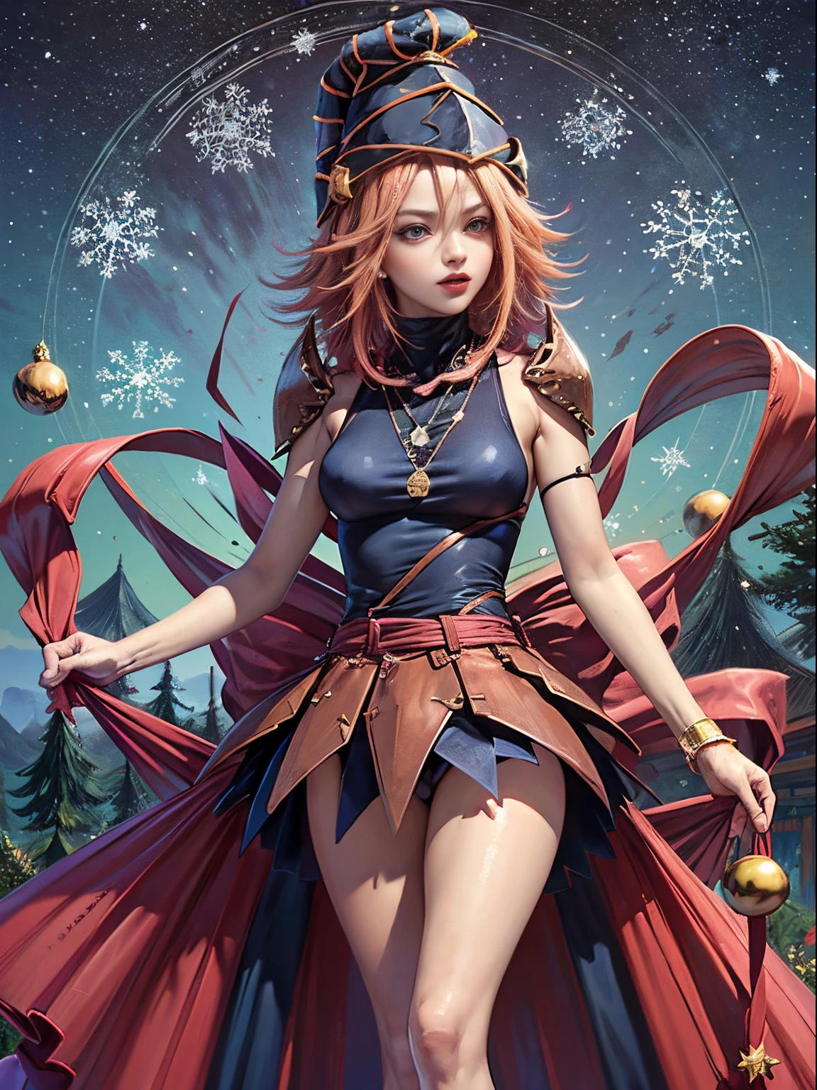 Dark magician gils con vestido rojo,((see through)), extremadamente detallado, rubio,(((Mini falda diminuta))), ((skirt lift)),(((tanga visible))),Sonriendo, ojos azules, realista, tacones rojos, (((Navidad))), escote, ((christmas tree, Regalos)), cabello rubio, Corazones de Magia.