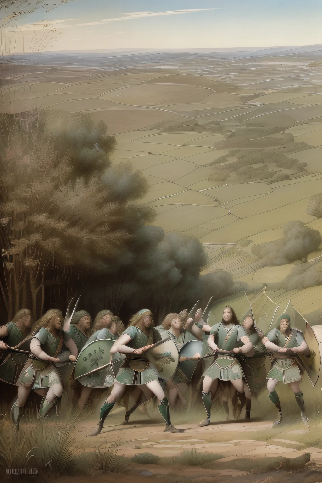 (((Pre-Raphaelite painting of a group of Celtic warriors on a hill covered in yellow tojos, sol poente)))