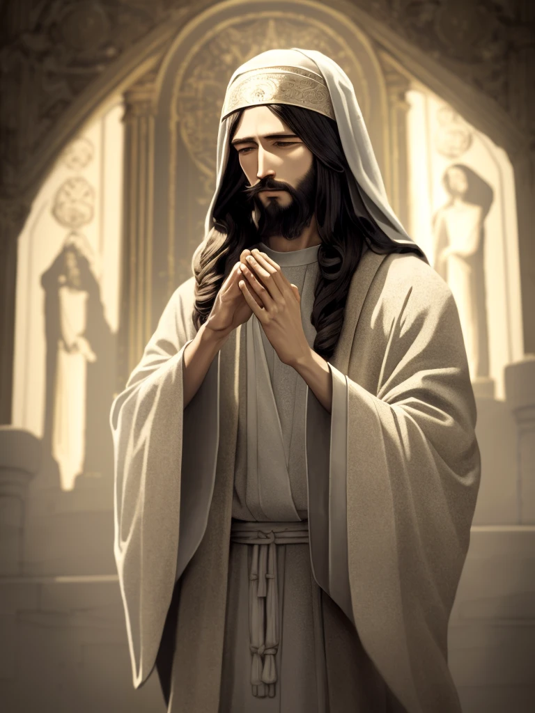 "Por favor, create a high definition image of Jesus in a serene prayer scene, with soft lighting and soothing background. Make sure you capture calm facial expressions and realistic details. Feel free to add elements that convey serenity and spirituality. Image quality is crucial, preferably in 4K resolution or higher."