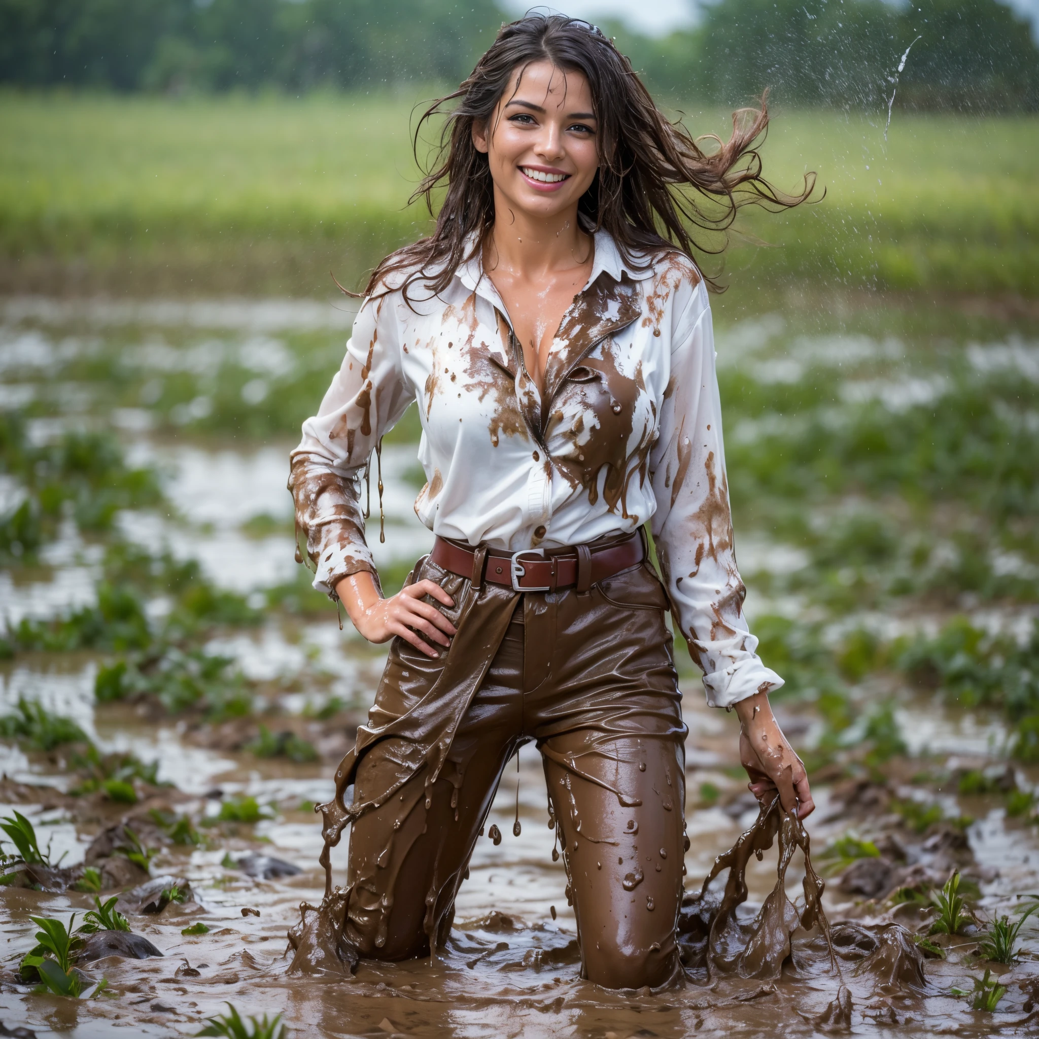 (masterpiece, best quality:1.2), cowboy shot, solo, 1girl, 27 yo businesswoman, smile, looking at viewer, long pants, belt, white blouse, jacket wet clothes, soaked, dripping wet, wet hair, wet skin, translucent, glistening with oil, fully clothed, wet muddy field, dripping with mud, muddy arms, muddy hair