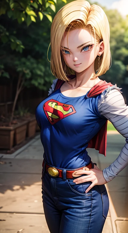Android 18,(ultra realista) ( foto de closeup na parte superior do corpo ), ( Efeito bokeh ), (cowboy shot), muito sedutor, pose sedutora, sorridente, fofo, muito fofo, Ultra High Definition, master part, Ultra alta qualidade, detalhamento ultra, 8k, master part, Adesivo de uma Supergirl da DC Comics usando traje alternativo, shy and seductive, corpo inteiro, Kim Jung Gi, liberdade, alma, digital illustation, comiс style, Cyberpunk, anatomia perfeita, Centrado, Approaching perfection, Dynamic, altamente detalhado, pintura em aquarela, art-station, arte conceitual, liso, foco nítido, illustration, arte de Carne Griffiths e Wadim Kashin, unique, Premiado, master part, High-resolution skin, 8k, 150mm, Subsurface scattering, olhos altamente detalhados, pele ultra realista, rosto lindo, hiper-realista, facial muscles