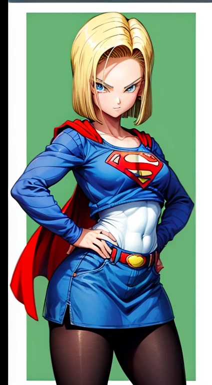 Android 18, ( foto de closeup na parte superior do corpo ), ( Efeito bokeh ), (cowboy shot), muito sedutor, pose sedutora, sorridente, fofo, muito fofo, Ultra High Definition, master part, Ultra alta qualidade, detalhamento ultra, 8k, usando traje da super girl , mini saia azul, com s do Superman