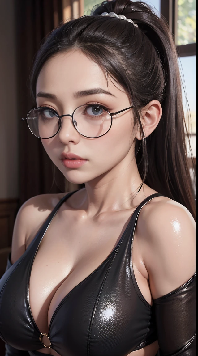 Fine、(The best illustrations)、8k UHD resolution、intricate-detail、top-quality、realisitic、ultra-detailliert、The best lighting、Best Shadows、Soft lighting、Ulutra HD、Ultra-realistic、Tindall Effect、Photorealsitic、(High Detail Skins:1.2)、 (Intricate details, makeup, pureerosface_v1:0.5), (Detailed beautiful delicate face, Detailed beautiful delicate eyes, A perfectly proportioned face, High detailed skin, Detailed skin, best ratio four finger and one thumb, arms below breasts, Tattoo with a red glow under the stomach、Awesome awesome, wide hips, smooth midriff, skiny and thin, __Fashion__, __hair__:1.25)、Digital SLR、 absurderes、(masutepiece: 1.3), (max resolution: 1.2), (Ultra HDTV: 1.2), cinematric light, Detailed eyes and skin, detailed facial features, , (Sharp Focus: 1.2), (Focus on Face:1.2),Perfect Style, Beautiful face, acurate, Anatomically correct, Highly detailed face and skin texture, Detailed eyes, Double eyelids, Thin eyebrows, Glitter Eyeliner: 1 Natural cheeks, Glossy skin, Fair skin: 1.2, (Glossy lips: 1.4),(Shy look: 1.2),Highly detailed facial and skin texture, Detailed eyes, Double eyelids, Natural cheeks, shiny lips: 1.4,Exposed cleavage、Bewitching。Seductive、dark brown hair。Evil Nun、Torn monastic clothing、corsets、fishnet tights、Chest is emphasized、((((Huge glasses, Otaku Glasses, thick glasses, Round glasses)))),(((Colossal tits)))、The long-haired、Braids、Black hair、Ponytail distortion、, Ponytail with a bow tied at the back of the hair, Beautiful expression、Body Up、Large breasts emphasis、Bust, Super tight breasts, Breast augmentation surgery, The breasts are very big and round and round,Toned waist、Wide buttocks、