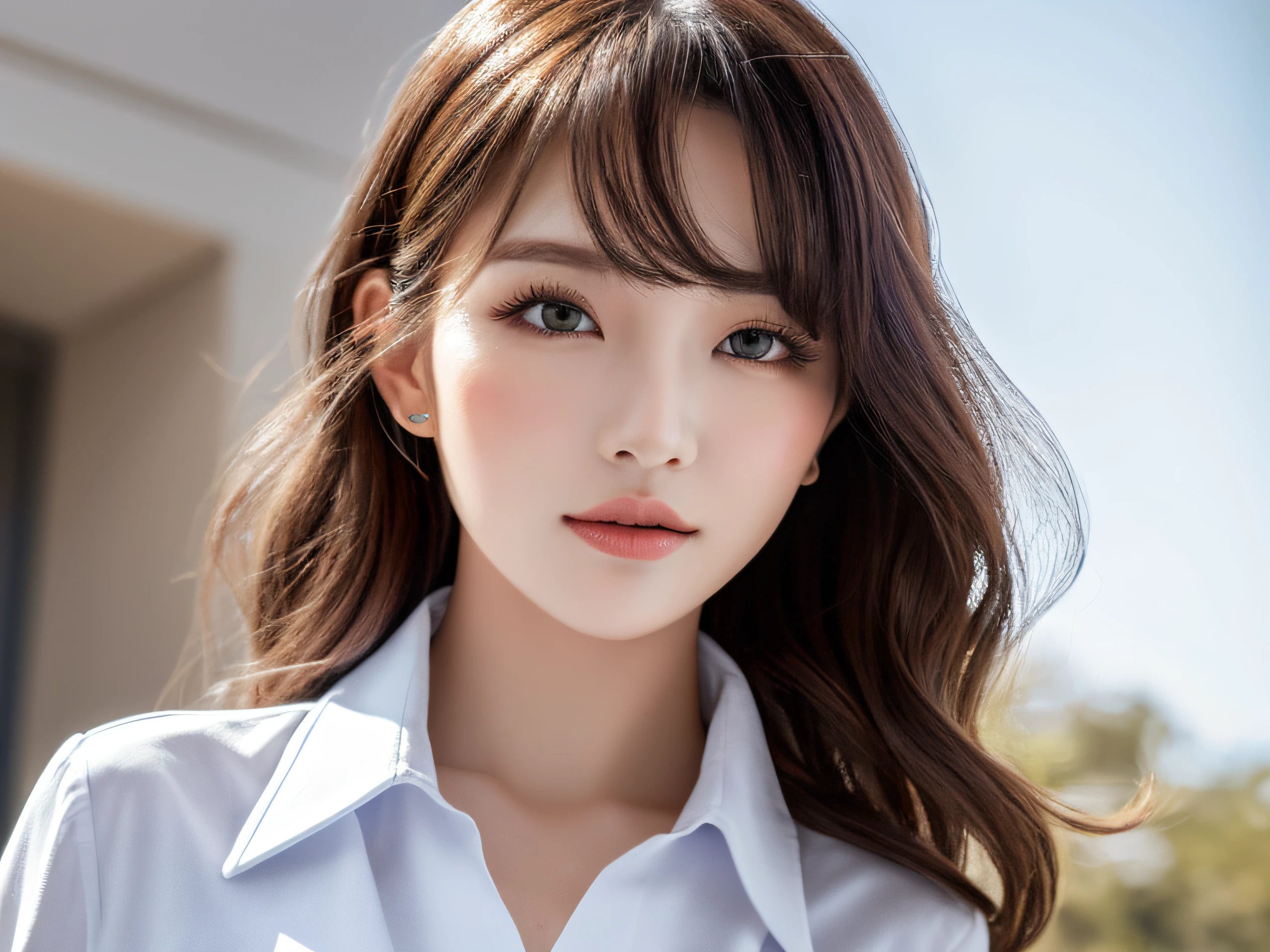 (Best quality, High resolution, Masterpiece :1.3), A tall and pretty woman, Slender abs, Dark brown hair styled in loose waves, Breasts, Wearing pendant, White button up shirt, Belt, Black skirt, (Modern architecture in background), Details exquisitely rendered in the face and skin texture, Detailed eyes, Double eyelid