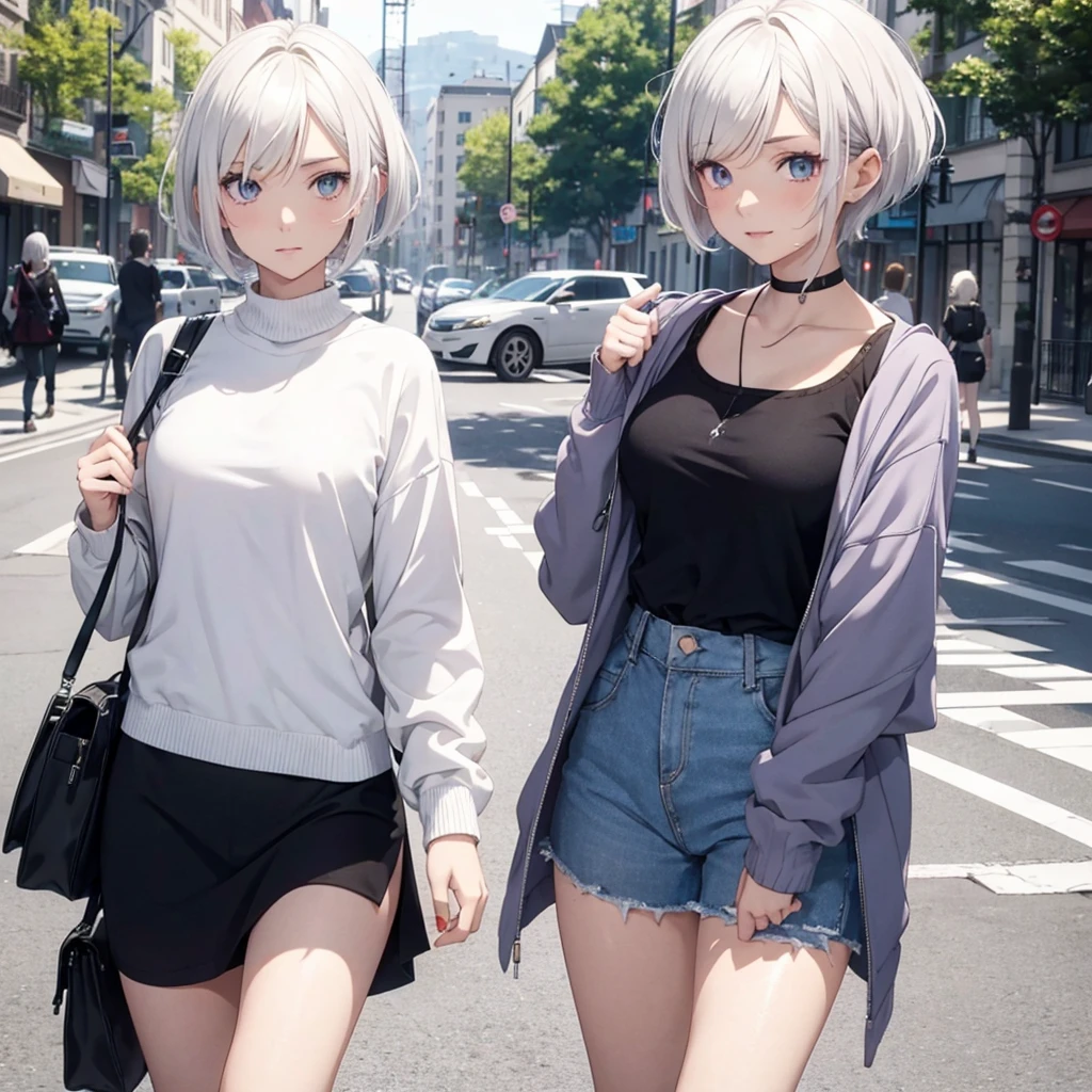 anime girls, white short hair, lila Augen, Kapuzenpullover, PC, Wimpel, vtuber, Streetstyle
