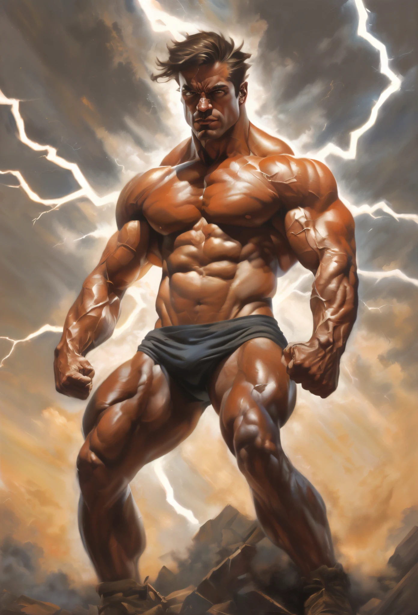 pintura de um homem com corpo musculoso e um raio ao fundo, forte e imponente, muscular character, musculoso e aterrorizante, muscular male hero, portrait of a muscular, Retrato de musculoso, musculoso!! scientific fiction, extreme muscles, corpo do fisiculturista, extremely muscular, inspirado em Joe Jusko, big muscle, homem buff, pintura de buff, caracteres musculosoes