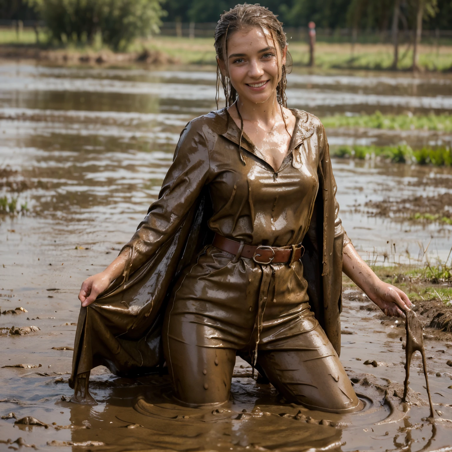 (masterpiece, best quality:1.2), cowboy shot, solo, 1girl, 27 yo peasant woman, smile, looking at viewer, peasant dress, capelet, belt, wet clothes, soaked, dripping wet, wet hair, wet skin, translucent, glistening with oil, fully clothed, wet muddy field, dripping with mud, muddy arms, muddy hair