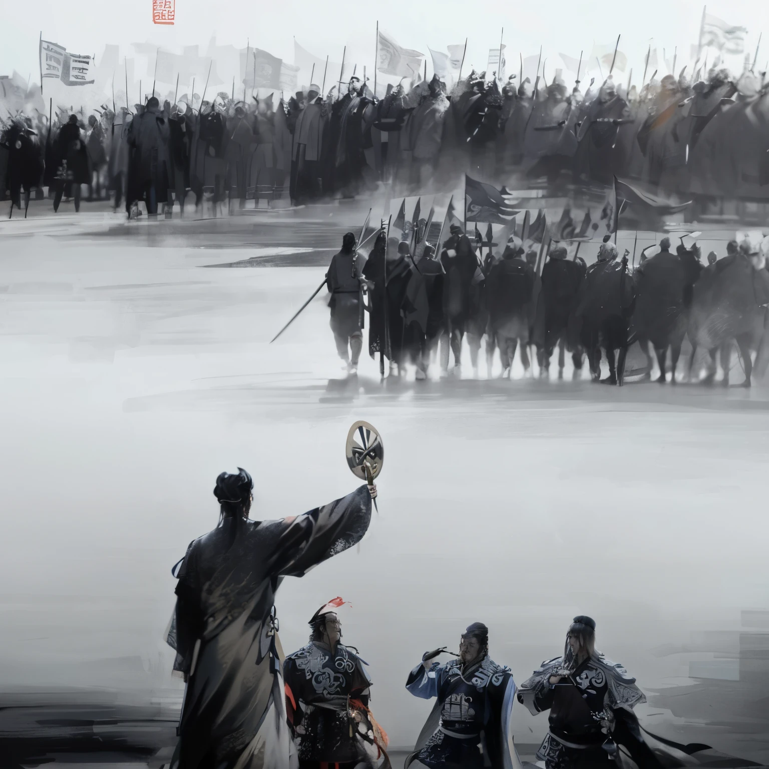 Drawing of a man holding a sword in front of a group of people, Emperor Xuande, Invading army background, author:Guo Xi, author:Yang Borun, author:Lee Jae, Sun Kehong, by Qu Leilei, from the three kingdoms, author:Guan Daosheng, author:Li Di, author:Cui Zizhong, author:Zhang Xuan