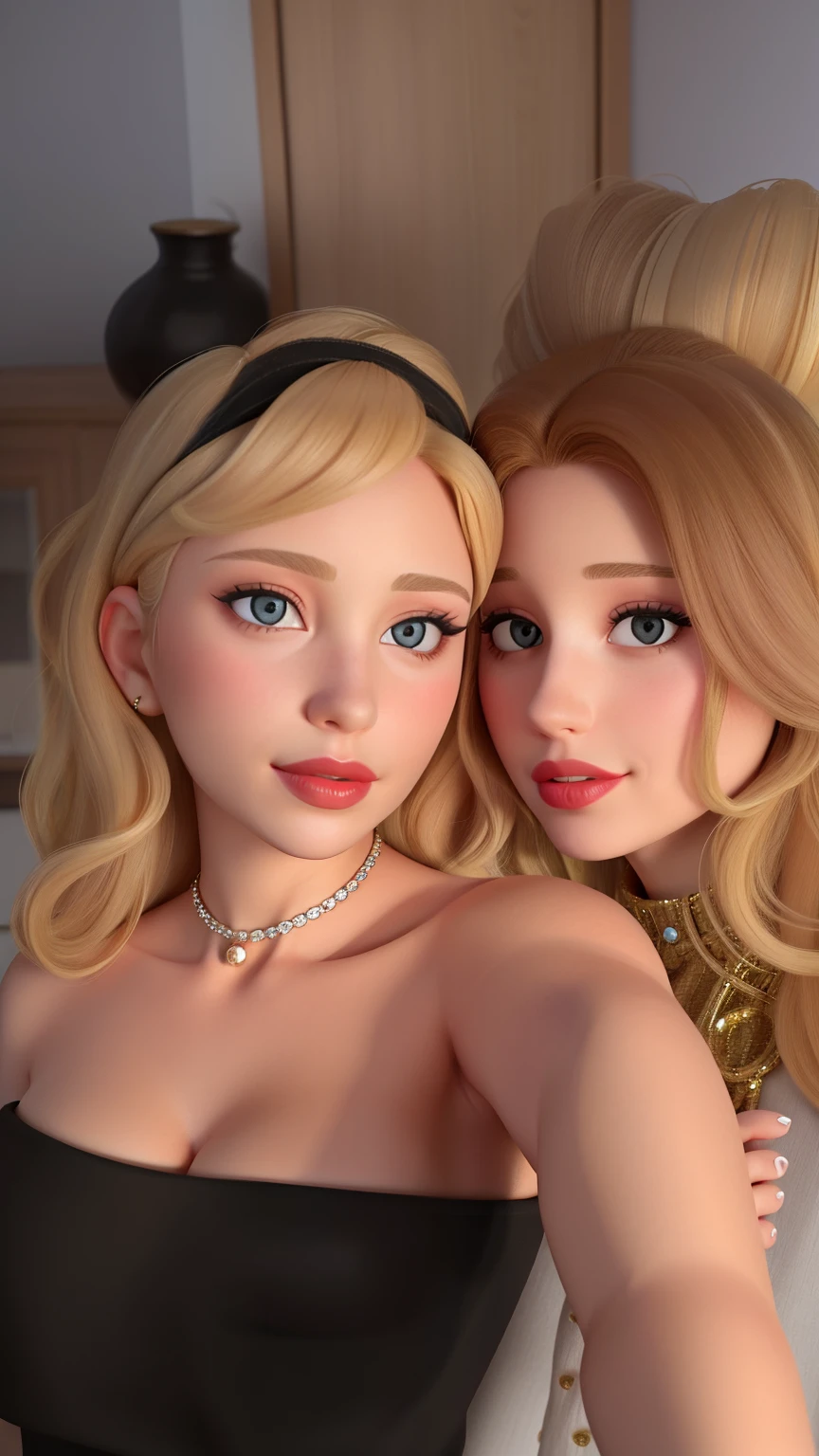 blond haired woman with hazel eyes and a black top posing for a picture with a friend, profile image, taken in the early 2020s, two models in the frame, modeling for dulce and gabanna, both have red lips, gorgeous faces, leaked image, two beautiful women in love, very very low quality picture, two girls, pokimane