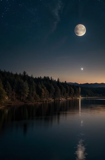 Generate an image of a pristine night sky featuring a full moon suspended majestically amidst a backdrop of captivating scenery. Place the full moon centrally in the frame, radiating a soft, ethereal glow that illuminates the surroundings. Surround the moon with a panoramic landscape that incorporates silhouetted elements such as towering trees, distant mountains, or a serene body of water. Infuse the scene with a sense of tranquility and mystery, capturing the play of shadows and highlights to accentuate the moonlit details. Convey a seamless blend of realism and artistic flair, ensuring that the viewer feels the serene ambiance of a moonlit night in a picturesque environment.