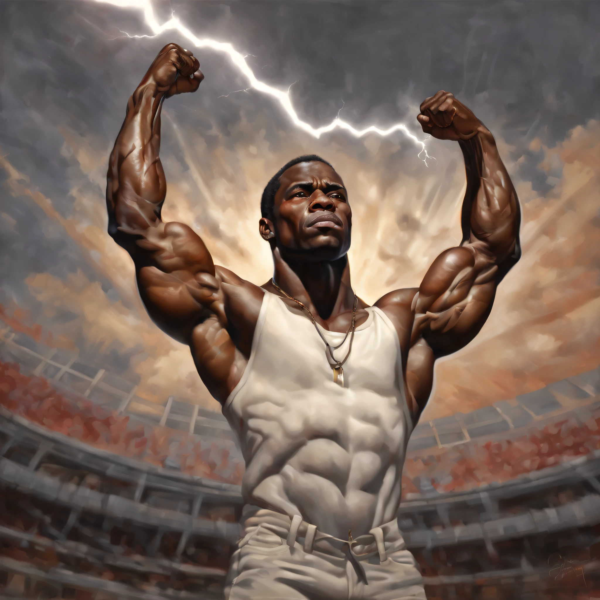 A muscular black man with large biceps and a well-defined brachioradialis muscle, raising his hands towards the sky as a lightning bolt strikes directly into his hand. The artwork is created in a medium that showcases the best quality and attention to detail, such as a hyperrealistic painting or a high-resolution photograph. The image is ultra-detailed, capturing every sinew and contour of the man's muscles, with a focus on realism and a photorealistic rendering. The colors are vivid, with a strong emphasis on contrasting tones and vibrant hues to highlight the intensity of the scene. The lighting is dramatic, with a spotlight illuminating the man and casting deep shadows, enhancing the sense of power and energy.