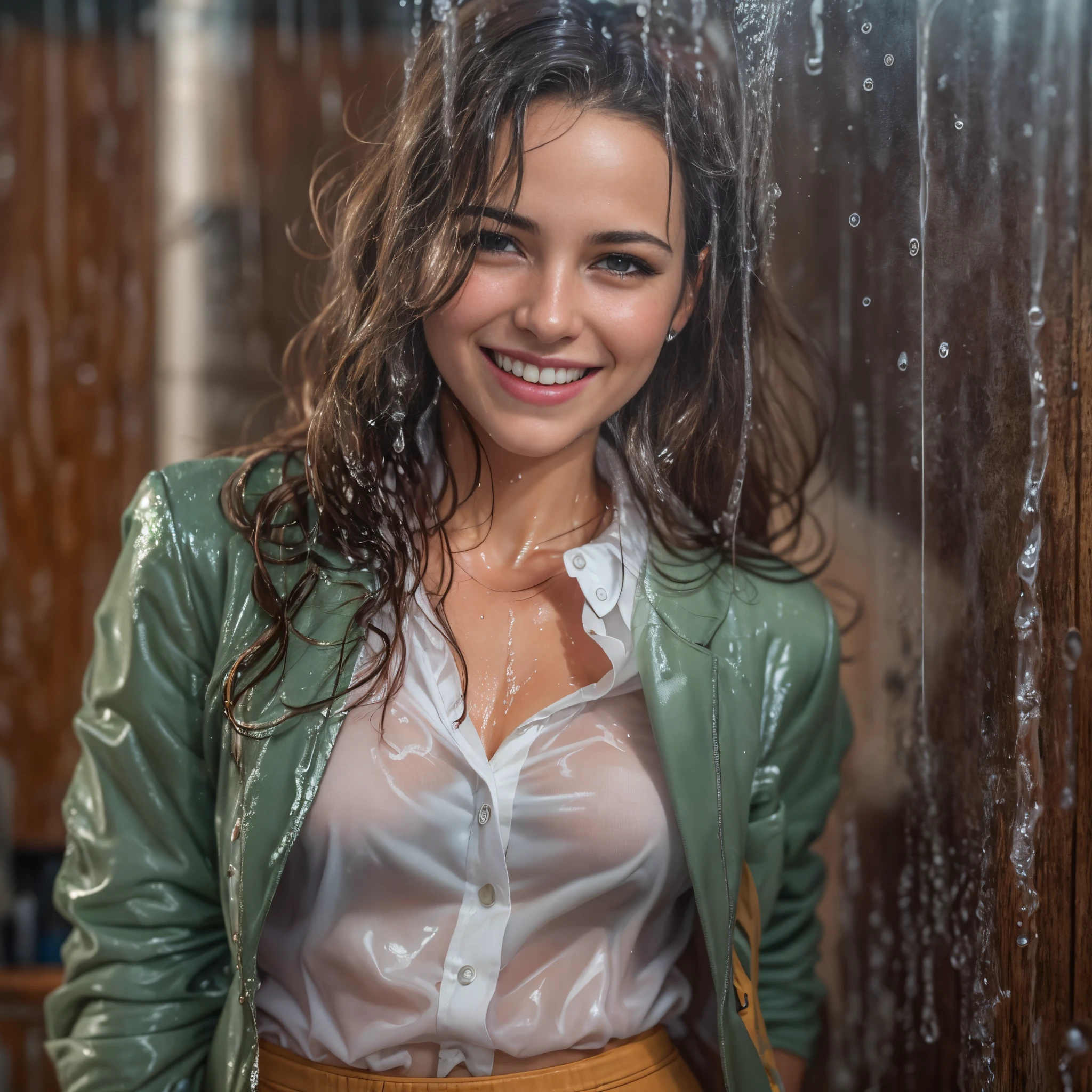 (masterpiece, best quality:1.2), cowboy shot, solo, 1girl, 27 yo businesswoman, smile, looking at viewer, pencil skirt, blouse, blazer, wet clothes, soaked, dripping wet, wet hair, wet skin, translucent, glistening with oil, fully clothed