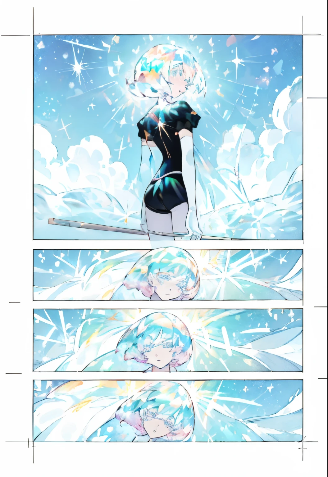 comic book featuring a girl with diamond hair, Manga page, Color manga, anime land of the lustrous, Psychedelic manga, Color manga panel, Color comic strip, Comicbook page, comic style, Color scan of the manga, Very dramatic, white haired deity, Manga color art, Gems, ((radiance, Lots of light)), sparkle of a gem, (( in the style of Ichikawa Haruko)), Stylish deity, Houseki no kuni, The Land of Gems, Diamond from the Land of Gems, ((tmasterpiece)), (((beste-Qualit))), ((ultradetailed)), ((illustartion)), (blue background, white clouds), Simple background, illustartion, A kind look, Cute look, wide eyes, Lush eyelashes, side glance, Crystal hair, Glowing Hair, Additional lighting, sparkle, ((Anime clothing "Land of Glitter")), shirt with collar, uniform, tie, puffy short sleeves, Shorts, Smile, puffy short sleeves, Puffy armbands, Shirt, short sleeve, rainbow reflection, mineral hair, mineral life forms, white stockings, white gloves