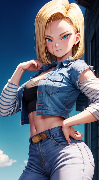 Android 18, ( foto de closeup na parte superior do corpo ), ( Efeito bokeh ), (cowboy shot), muito sedutor, pose sedutora, sorridente, fofo, muito fofo, Ultra High Definition, master part, Ultra alta qualidade, detalhamento ultra, 8k, peitos grande, topless , saia jeans azul mostrando a buceta
