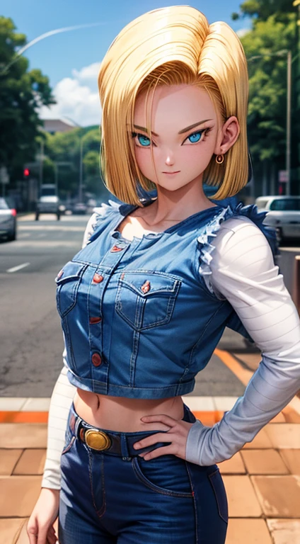 Android 18, ( foto de closeup na parte superior do corpo ), ( Efeito bokeh ), (cowboy shot), muito sedutor, pose sedutora, sorridente, fofo, muito fofo, Ultra High Definition, master part, Ultra alta qualidade, detalhamento ultra, 8k, peitos grande, topless , saia jeans azul mostrando a buceta