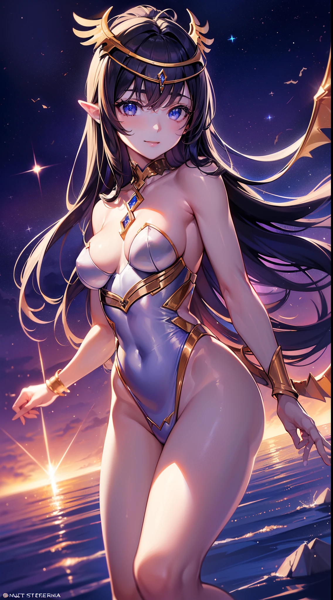 ((masuter piece:1.5)),((Finest quality)),(Ultra-high precision),8k picture,Top quality anime,Highest level of resolution,sharpnes,Clair,Fantasyart,rays of sunshine,((perfect anatomia:)),(Perfect depiction, Unbroken body:1.5),Detailed down to the smallest detail,Phenomenal depiction,((1人の女性),(Dark purple nightful armor,Detailed and detailed details,Sparkling Jewels,(circlet,Wing ornament)),a smile,Particle Light:1.2