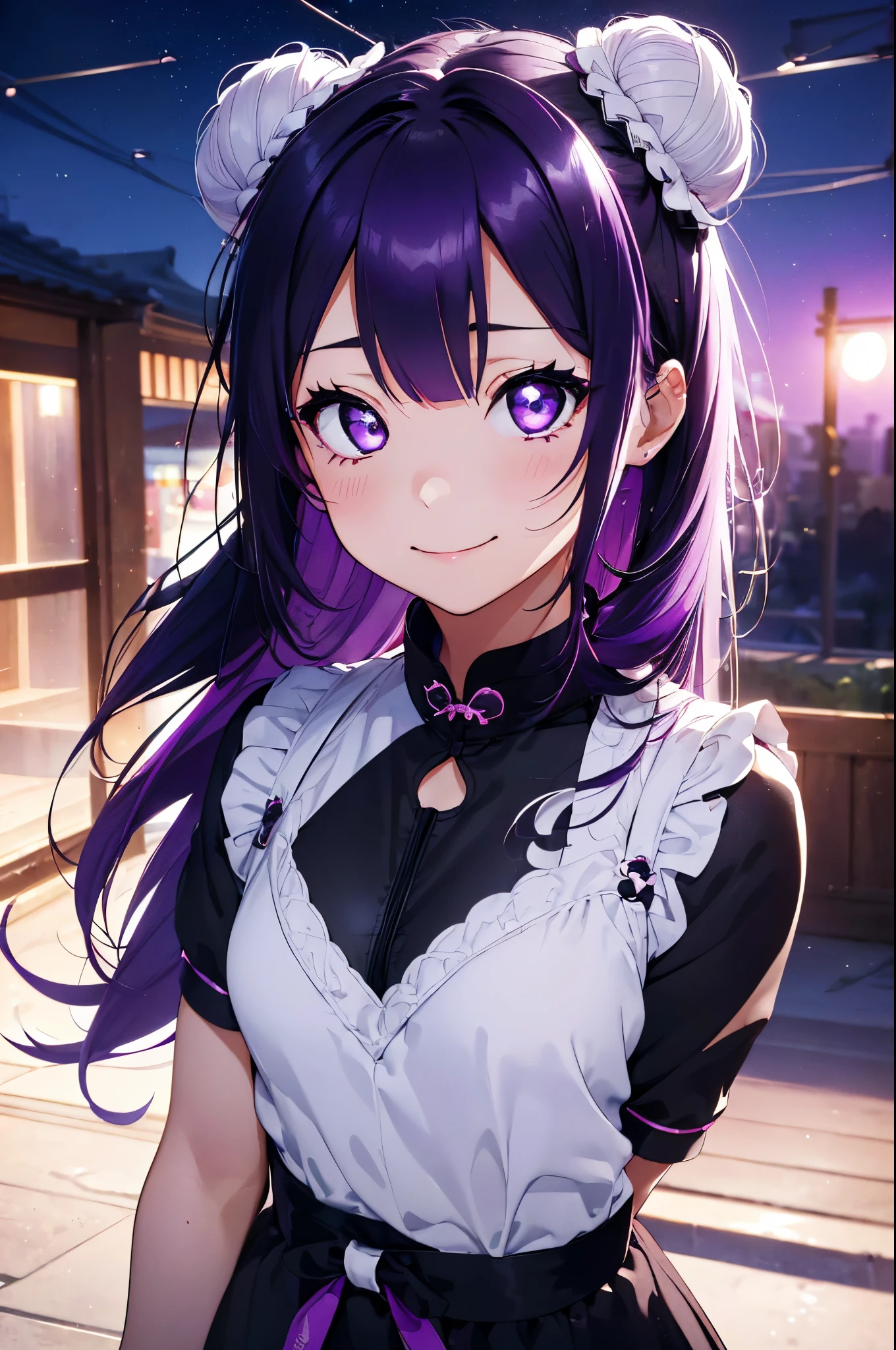 Top image quality、(((full bodyesbian))),Standing Picture、Little Girl, Younger、Gothic lolita, (((Purple hair))), Purple eyes, (mascara), Blunt bangs, ((hair over eyes)), Long hair, mixed pink hair、pink mesh color、medium breasts, frilld, Bun、Black clothes、White bread cover、(((white bun hair accessory cover))),white frills, Black theme, ((Black cheongsam)), faithfully, (((Eye focus))), (((a smile))), the background is blurred, Empty eyes, Black theme、Bedroom background, view the viewer, (((hair tucking))), (((Night))), close-up, (((hair adornments))), erect body, neatly cut bangs