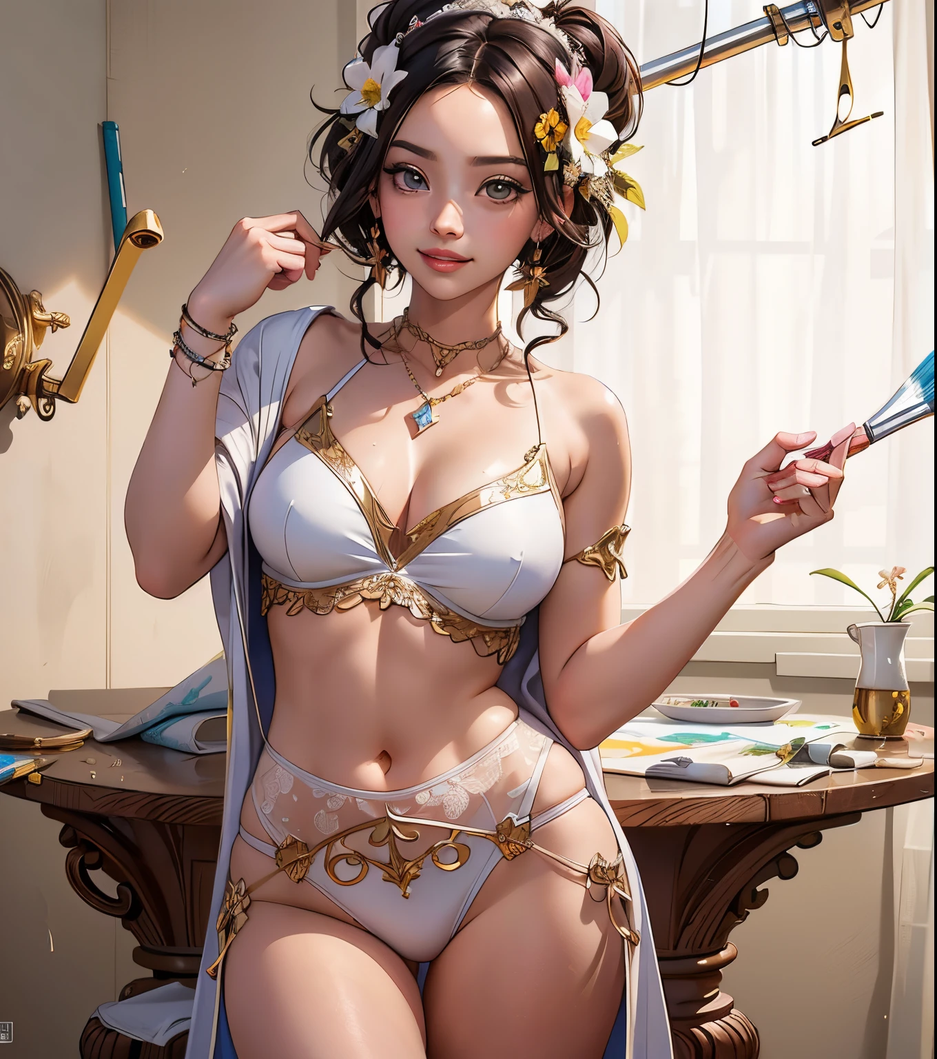 hay una mujer en bikini y bata sosteniendo un cepillo de dientes, Diosa del anime, Hermosa diosa, Diosa japonesa, a beautiful empress of fantasy, Artgerm extremadamente detallado, Hermosa y seductora mujer de anime, Obras de arte al estilo de Guweiz, seductora chica de anime, hermosa doncella, Artgerm. Anime illustration, Fanart Mejor ArtStation, Diosa joven, Hermosa pintura de personajes