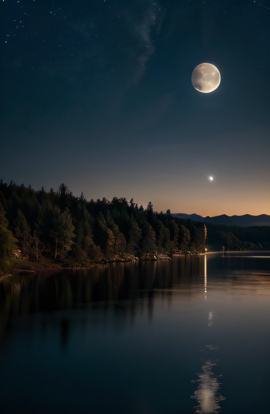 Generate an image of a pristine night sky featuring a full moon suspended majestically amidst a backdrop of captivating scenery. Place the full moon centrally in the frame, radiating a soft, ethereal glow that illuminates the surroundings. Surround the moon with a panoramic landscape that incorporates silhouetted elements such as towering trees, distant mountains, or a serene body of water. Infuse the scene with a sense of tranquility and mystery, capturing the play of shadows and highlights to accentuate the moonlit details. Convey a seamless blend of realism and artistic flair, ensuring that the viewer feels the serene ambiance of a moonlit night in a picturesque environment.