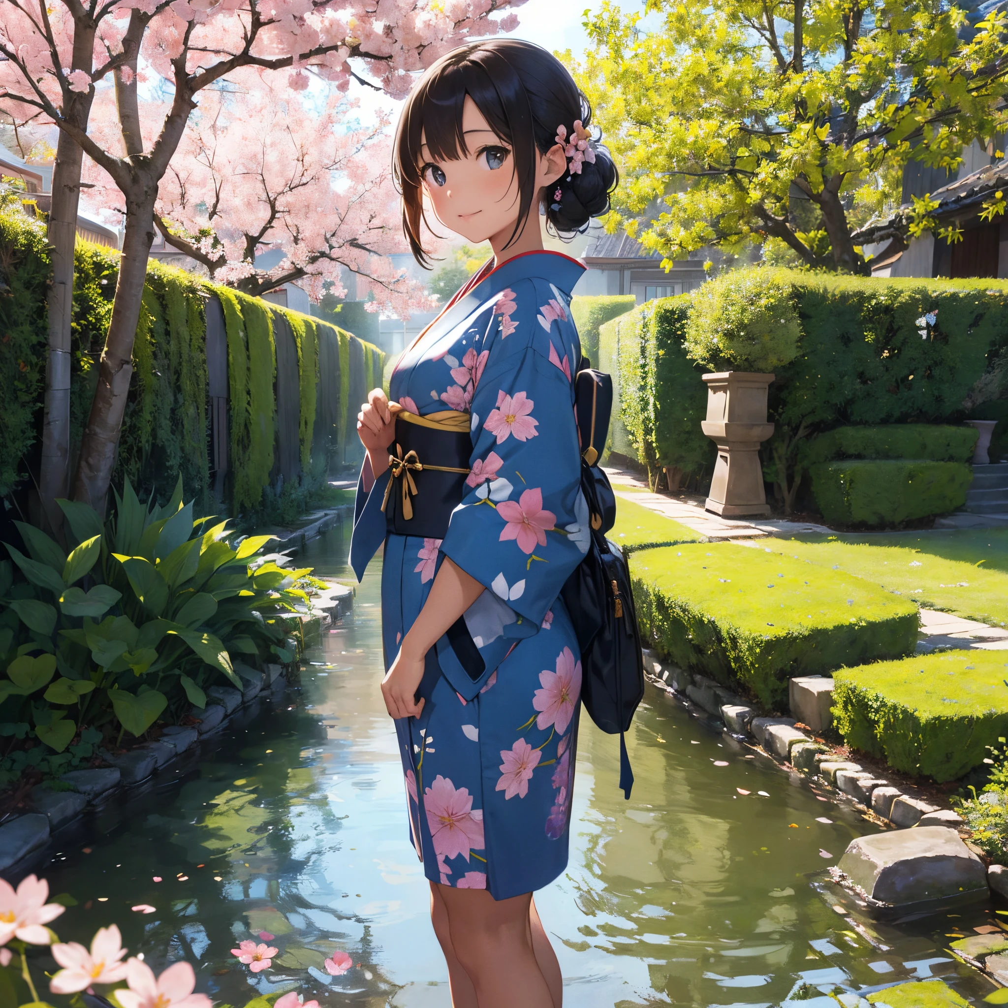 A girl in a vibrant garden, surrounded by cherry blossom trees and colorful flowers, with a gentle breeze rustling her hair. The garden is filled with soft sunlight that cascades through the branches, creating a warm and enchanting atmosphere. The girl gazes into the distance with beautiful, detailed eyes, reflecting a sense of curiosity and adventure. Her lips are delicately curved into a playful smile, adding a touch of innocence to her appearance. She stands tall and graceful, wearing a flowing kimono adorned with intricate patterns that showcase the traditional Japanese art style. The garden is teeming with life, as butterflies float gracefully in the air, birds sing melodiously, and small animals scurry about. In the background, a serene pond reflects the vibrant colors of the garden, creating a mesmerizing and tranquil scene. The artwork is crafted with the highest quality, ensuring intricate details and precise brushstrokes (best quality, ultra-detailed, realistic:1.37), bringing the scene to life. The colors are vivid and vibrant, capturing the essence of nature and the lively atmosphere of the garden. The lighting is soft and warm, casting a gentle glow over the entire scene, enhancing the mood and adding depth to the artwork.