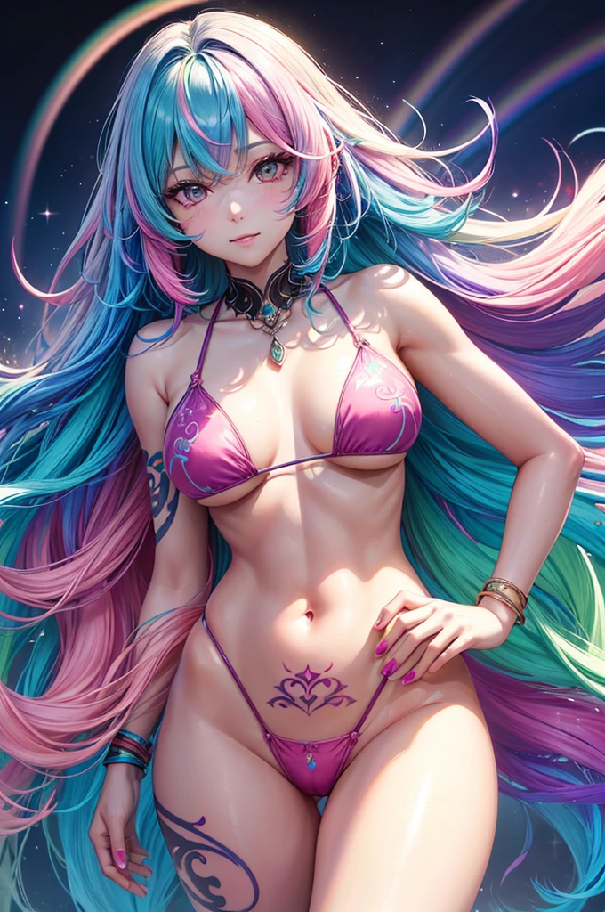 Photorealistic, High Resolution, soft light,1women, 独奏, hips up, Glowy skin, (Detailed Face),tattoo, Jewelry, (Rainbow Color Hair,multi-colored hair,half blue and half pink hair:1.2), micro bikini