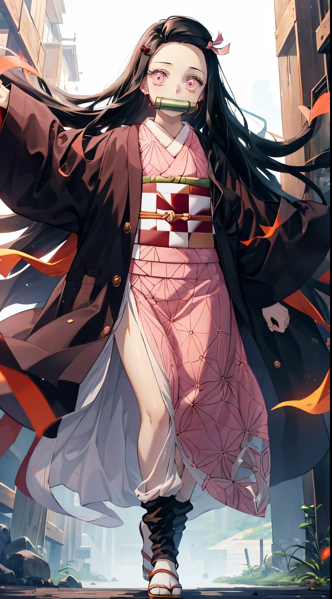 Nezuko a girl with long black hair that tapers to crimson at the bottom, a small pink hair tie, pink eyes with long devil pupils, a bamboo gag in her mouth, a pink kimono with an interlaced stripe pattern, a green and red obi belt, a long brown jacket, and tied brown stockings.