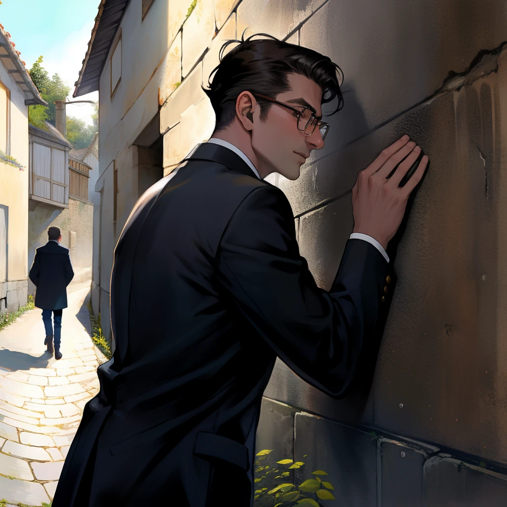 homme d'une trentaine d'years, avec des lunettes et des cheveux courts, tête carrée, appuyé against a wall, the tete collée, regardant au loin.