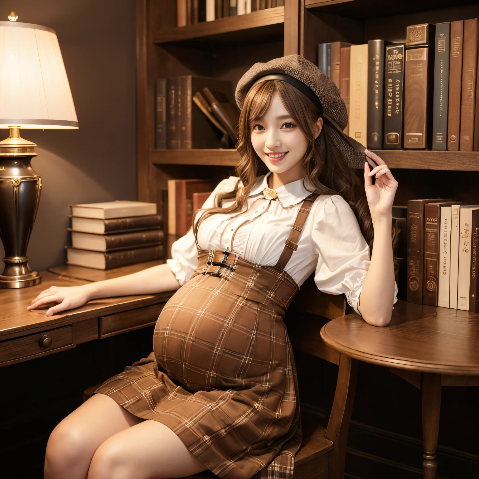 (((Best Quality, masutepiece, 超A high resolution、The most complex and detailed depictions)))、((1人の女性、Pregnancy、Plaid brown cape and plaid brown beret、Brown cape with a short plaid pattern、Brown plaid midi-length skirt、steampunk outfit、Victorian costume))、retro vibes、Rooms at Medieval Europe、Huge bookshelf、Bookshelves on the wall、Classy chairs and desks near bookshelves、Sit in a classy chair、Calm and elegant rooms、Warm color lighting、Perfect gas chamber、Perfect fingers、A slender、Beautiful white teeth、Perfect shiny hair and skin、perfect anatomia、Smile