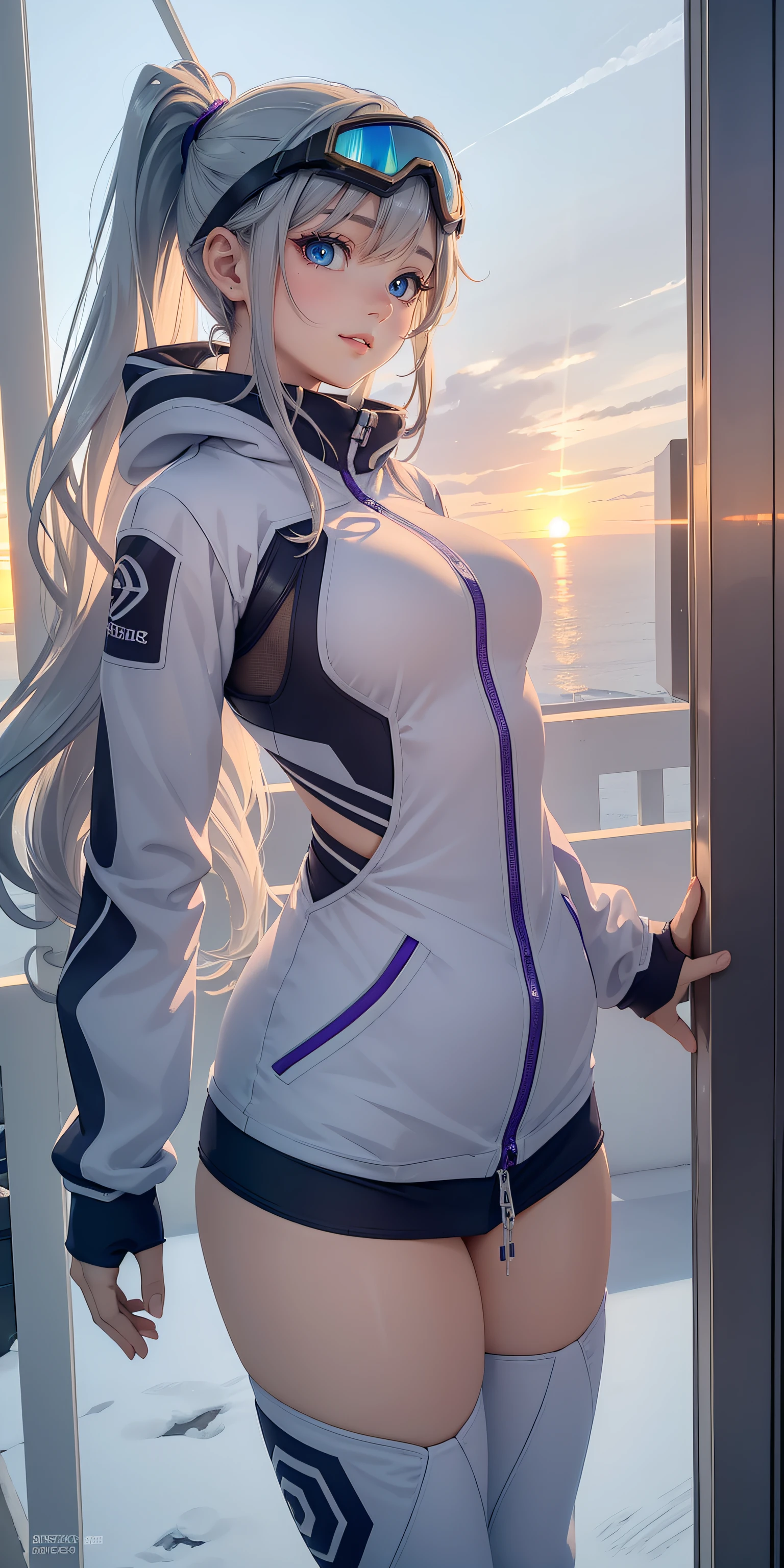 (masterpiece, best quality, ultra-detailed, photorealistic), 1 girl, curvaceous but slender body, Extreme vividness, Anime girl with curly ponytail, petite figure, white functional coat, small, blue-purple gradient ski goggles, cyberpunk, gray hair, natural casual style, dynamic stance, golden section, portrait with large aperture, cool tones, strong visual impact, white space, light and shadow contrast, super texture, sunset afterglow, super clear picture, simple picture
