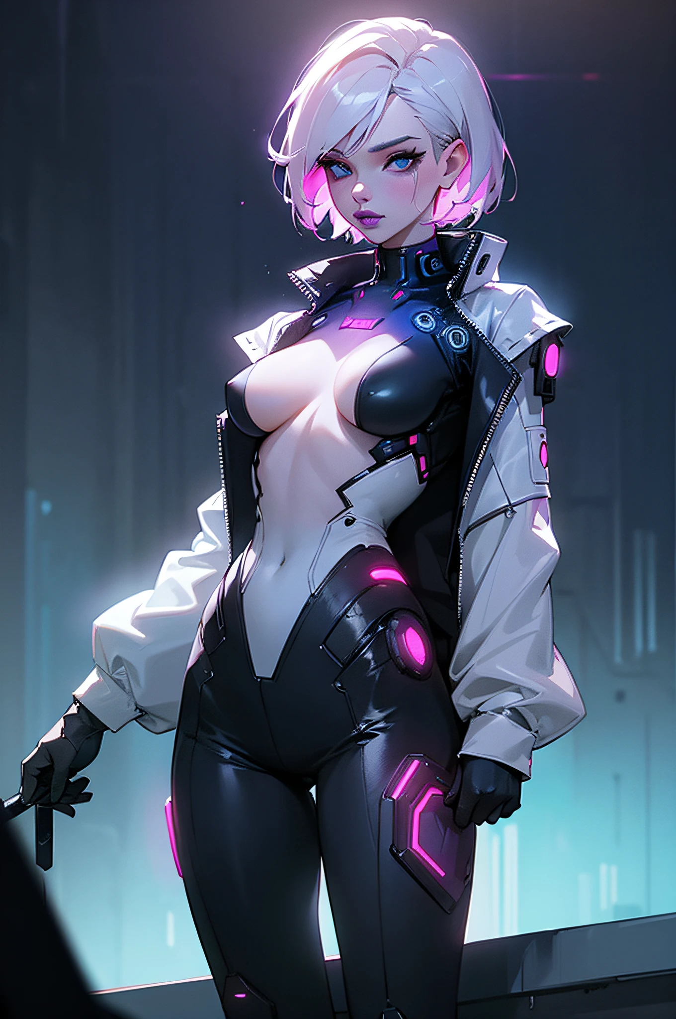 Woman 30 years (Scarlett Johansson pov), short white hair, tight cyberpunk clothing, sexy black Low-cut clothes with leds, unbuttoned futuristic cyberpunk white jacket, no buttons, no bra, no bra, beautiful face, medium breasts, wet and soft, close, sensual pose, fiery and lascivious wanting more, front view, nice thighs, head turned to look at viewer, perfect hands, glowing blue eyes, emissive eyes, purple lipstick, backlight, neon, Cyberpunk nighttime scenarium