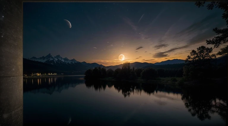 Generate an image of a pristine night sky featuring a full moon suspended majestically amidst a backdrop of captivating scenery. Place the full moon centrally in the frame, radiating a soft, ethereal glow that illuminates the surroundings. Surround the moon with a panoramic landscape that incorporates silhouetted elements such as towering trees, distant mountains, or a serene body of water. Infuse the scene with a sense of tranquility and mystery, capturing the play of shadows and highlights to accentuate the moonlit details. Convey a seamless blend of realism and artistic flair, ensuring that the viewer feels the serene ambiance of a moonlit night in a picturesque environment.