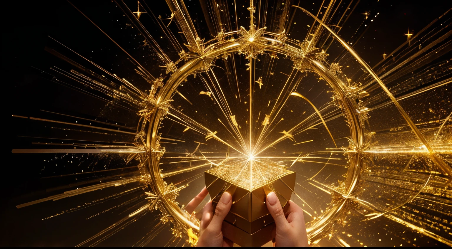 a golden gift box held by one hand, the box is half open, the number 10 is emanating from the box with golden sparks (best quality, high resolution, realistic: 1.37), shiny and ultra-detailed golden material, intricate patterns in the gift box, delicately wrapped with a golden ribbon, studio lighting, vivid colors, surreal atmosphere, appearance (magical, charming, fascinating), sparkling shine, soft glow, magic particles dancing in the air, dreamlike aura