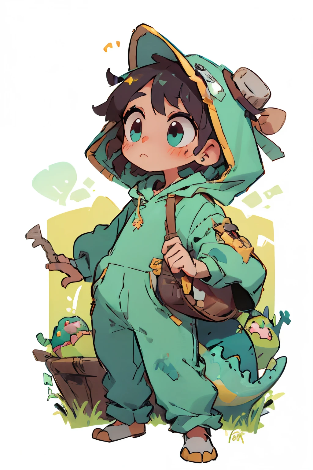 Cute cartoon boy wearing little dinosaur hooded costume dinosaur head is a hat