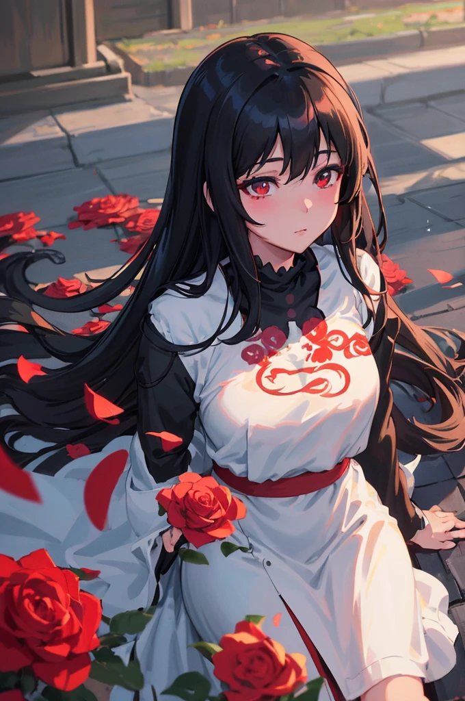Anime girl with long black hair and a white dress with red roses, Guweiz, Guweiz auf Pixiv ArtStation, Detaillierte digitale Anime-Kunst, beautiful anime girl, Guweiz auf ArtStation Pixiv, Anime-Stil 4 K, Kawacy, beautiful anime portrait, detailed portrait of anime girl, beautiful anime woman, Detaillierte Anime-Kunst