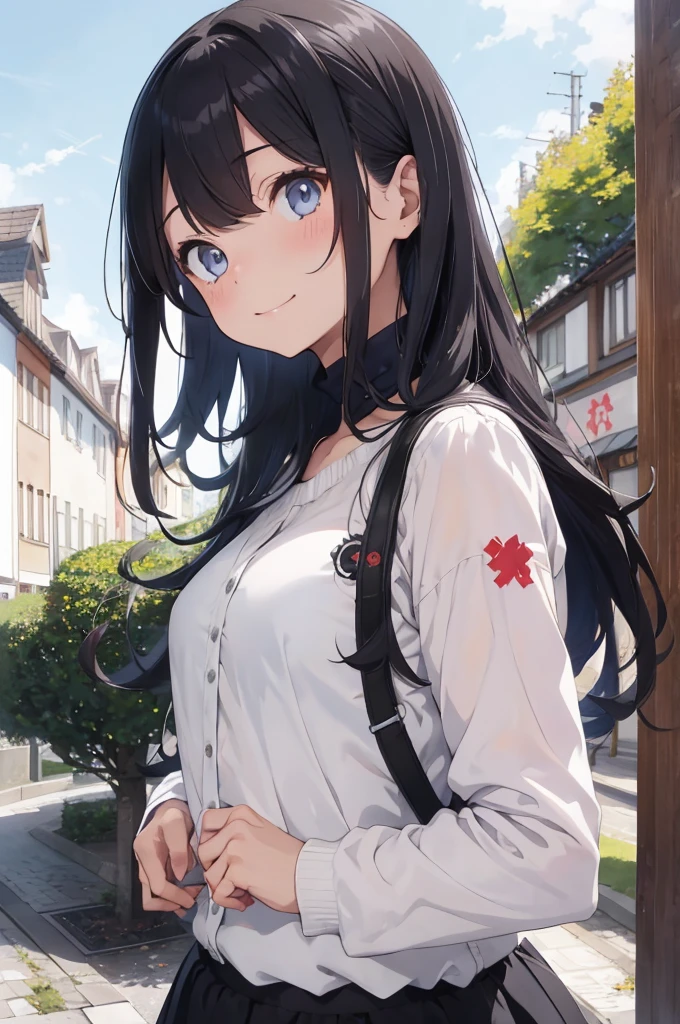 Meisterwerk, Anime, kawaii, niedlich, romantisch, best quality, 2Sonstiges, Paar, reif, Erwachsene, Drop, Unterschiedliche Mode, unterschiedliche Farbe, Freizeitkleidung, long sleeves, smil, happy, Liebe, Wirbelnder Wind, blauer Himmel, Mann mit langen Haaren, Mann mit hellbraunen Haaren, Frau mit schwarzen Haaren, Frau mit schwarzen Haaren