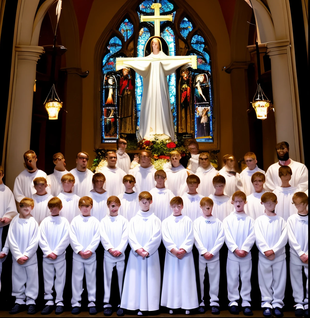 A Gothic catholic virgen Mary's statue. There's a choir of young boys. All of them are dressed up with white clothes except for one boy who's standing in the middle with black clothes singing at Virgen Mary