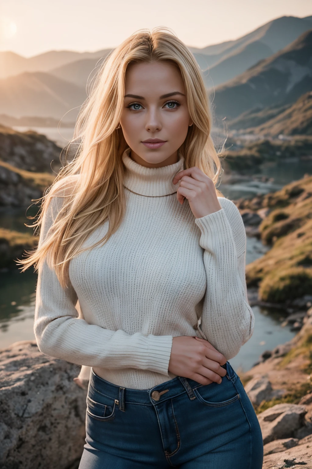 UHD, masterpiece,
1 gorgeous blonde woman,
23 year old,
subtle smile,
flirts with the camera,
she’s a model, sexy pose,
(European girl:1.2),
(Beauty face:1.3),
(in a Sunrise Hike:1.3), turtleneck wool sweater, tight jeans pants,
perfect body,
perfect hands,
perfect breast,
Perfect hair, perfect eyes,
Kodak gold 200,
No mutation,