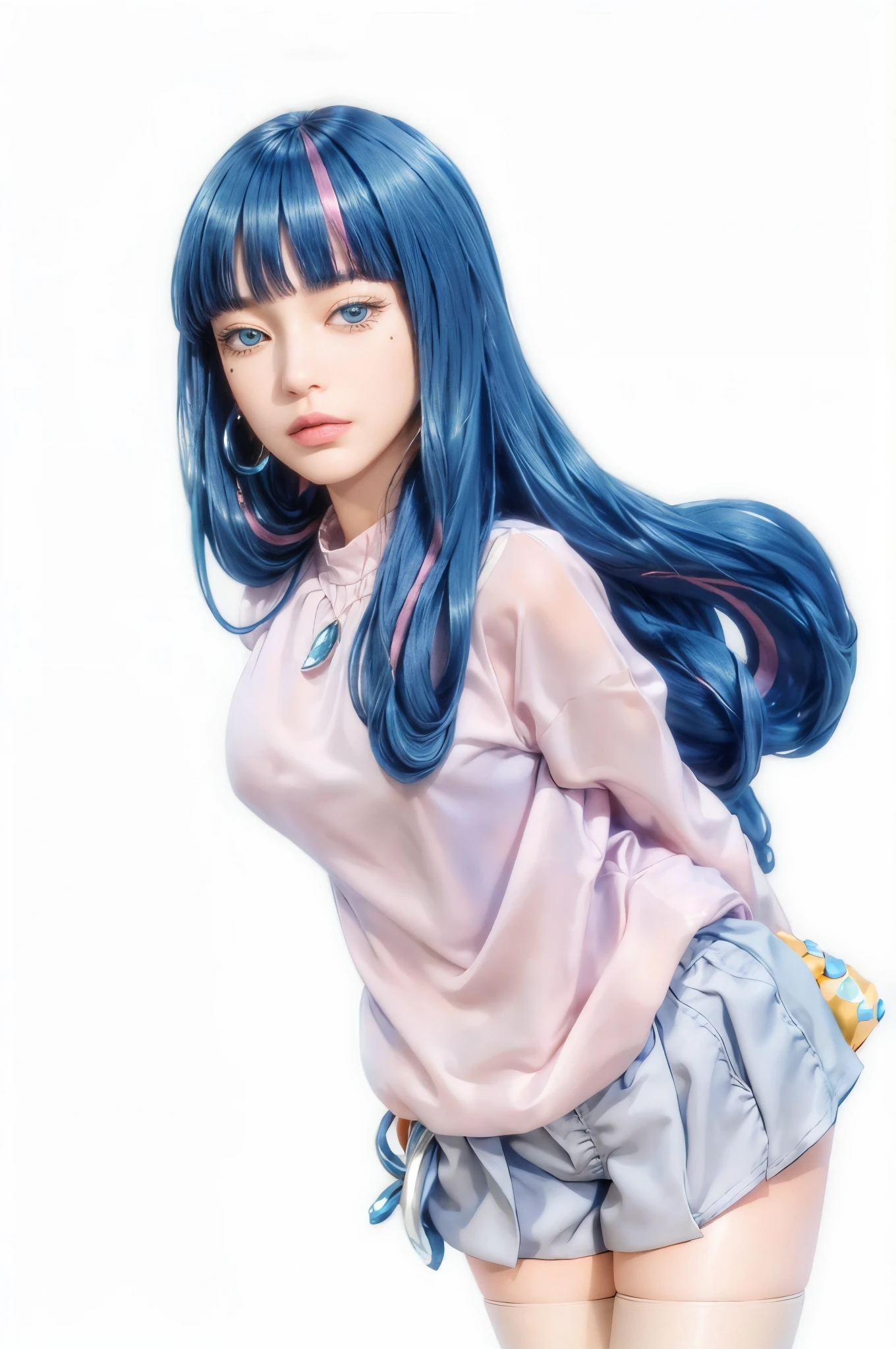 ((best quality)), ((highly detailed)), masterpiece, ((official art)), detailed face, beautiful face, (detailed eyes:1.3, deep eyes), (eida), long hair, looking at the viewer , bangs, blue eyes, shirt, long sleeves, jewelry, very long hair, blue hair, pink hair, colorful hair, earrings, sky, shorts, blunt bangs, stars (symbol), nail polish, bracelets , two-toned hair, striped hair, hands on hips, shorts, evening, black shorts, top quality high waist shorts, masterpiece, intricate details, tone mapping, sharp focus, highly detailed, trending on Artstation,1 girl, solo, top quality, masterpiece, intricate detail, tone mapping, sharp focus, highly detailed, trending on Artstation,1 girl, solo, (sitting on bed)