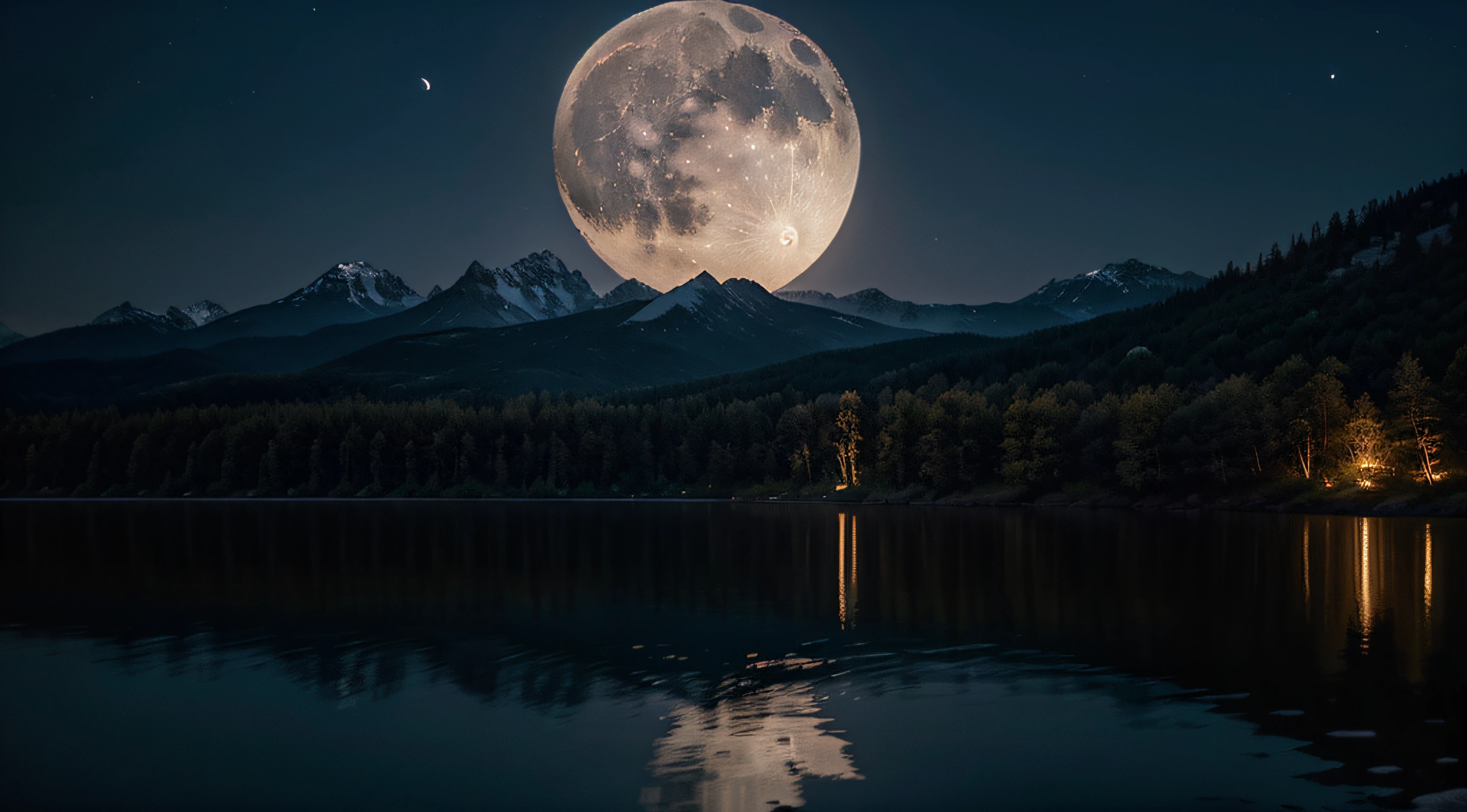 Generate an image of a pristine night sky featuring a full moon suspended majestically amidst a backdrop of captivating scenery. Place the full moon centrally in the frame, radiating a soft, ethereal glow that illuminates the surroundings. Surround the moon with a panoramic landscape that incorporates silhouetted elements such as towering trees, distant mountains, or a serene body of water. Infuse the scene with a sense of tranquility and mystery, capturing the play of shadows and highlights to accentuate the moonlit details. Convey a seamless blend of realism and artistic flair, ensuring that the viewer feels the serene ambiance of a moonlit night in a picturesque environment.