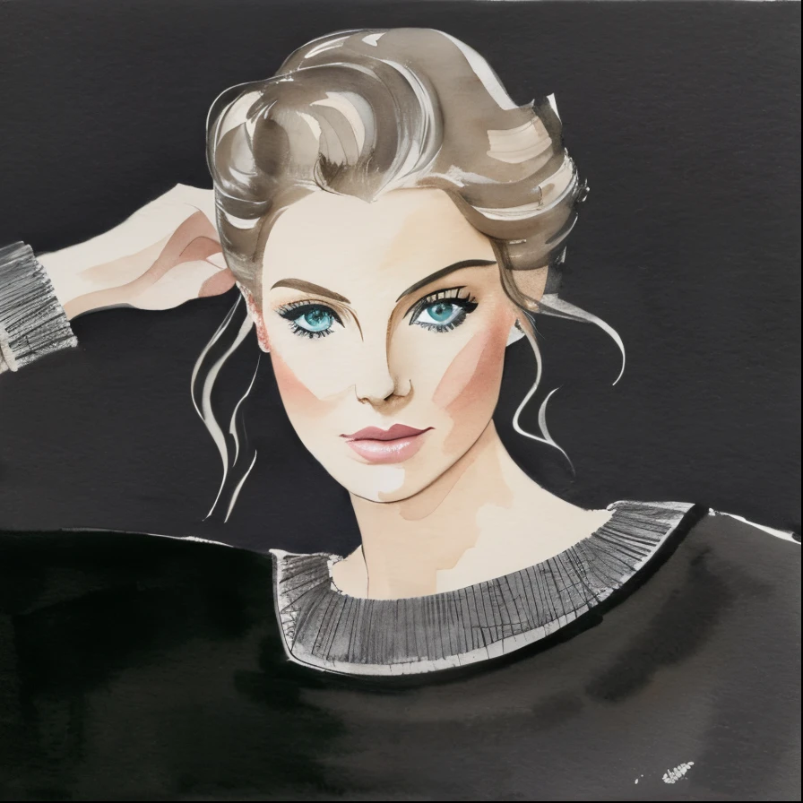 Blonde woman, green eyes, gray sweater, elegant, David Downton watercolor fashion illustration