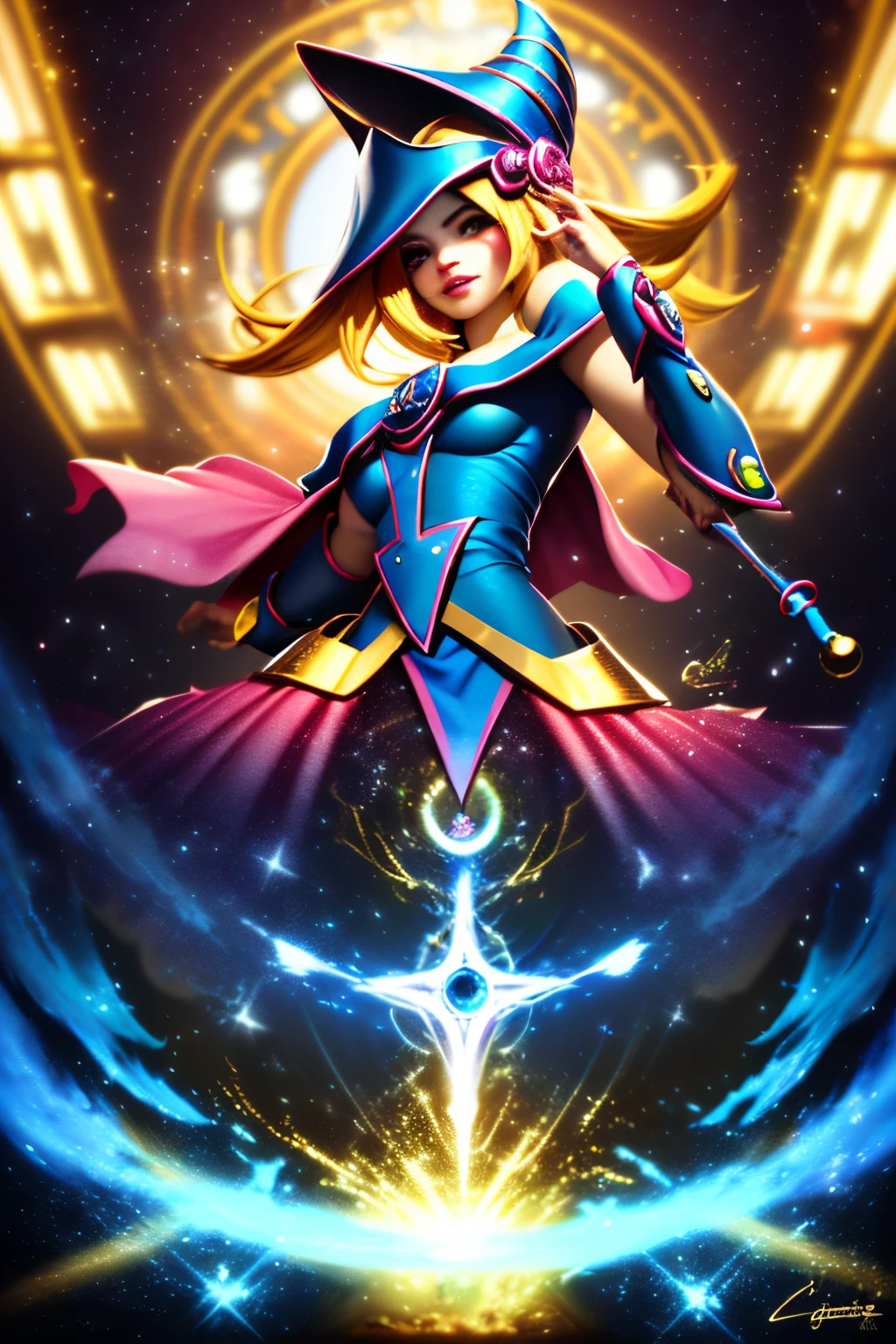 ((La mejor calidad)), ((Obra maestra)), ((realista)), retrato, dark magician gils.
1girl, celestial, Deidad, diosa, light particles, halo, Mirando al espectador,
(bioluminiscente:0.95), Vibrante, Colorido, Color, (resplandeciente, resplandecer),
(beautiful composition), cinematic lighting, intrincado, (Symmetrical:0.5), Caprichoso,