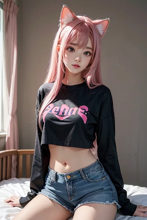 in room, -yeld wo, pink hair with cat ears, big breasts, wearing a black long-sleeved shirt, belly showing, denim shorts